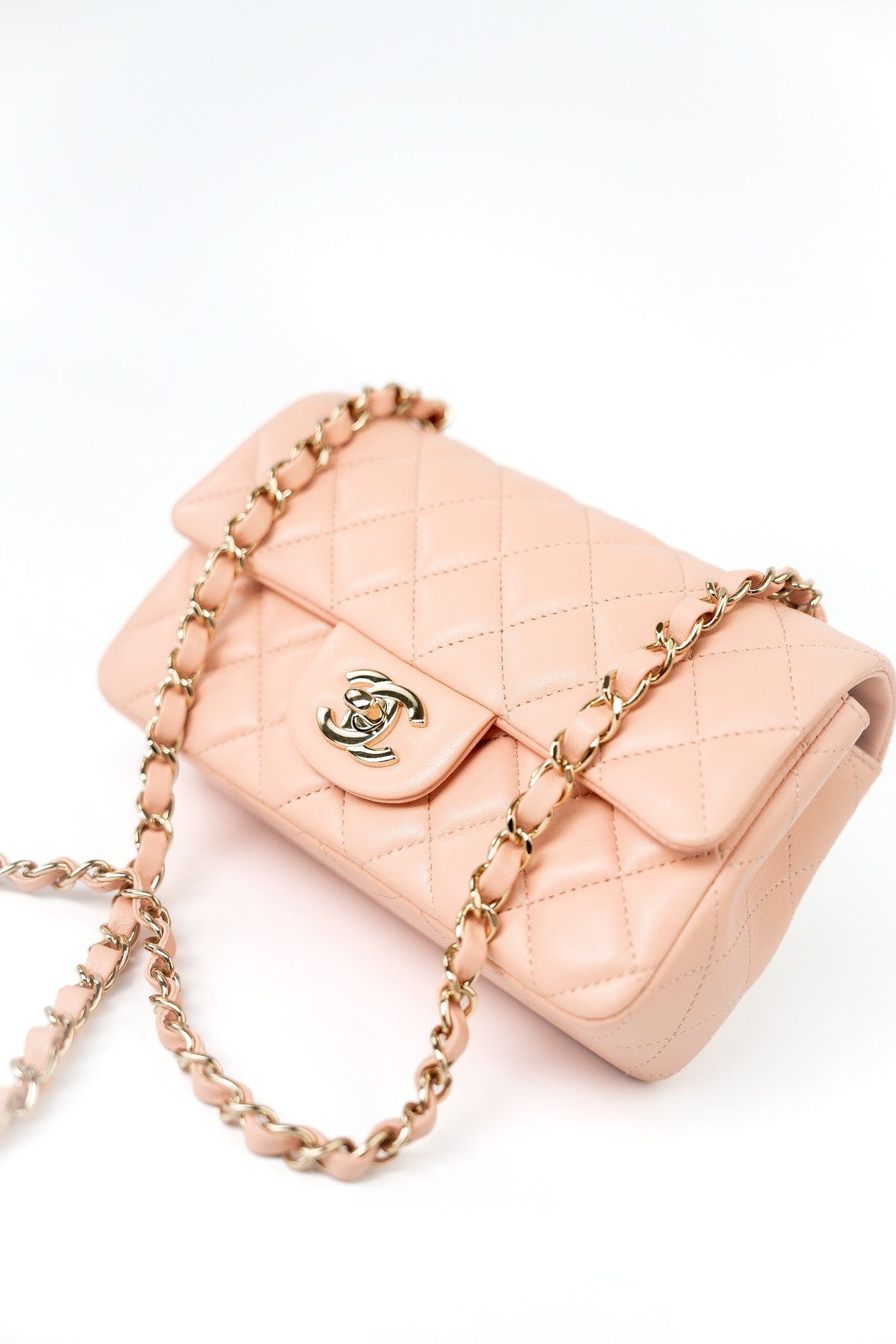 21P Rose Clair Pink/ Beige Lambskin Quilted Mini Rectangular Flap Light Gold Hardware