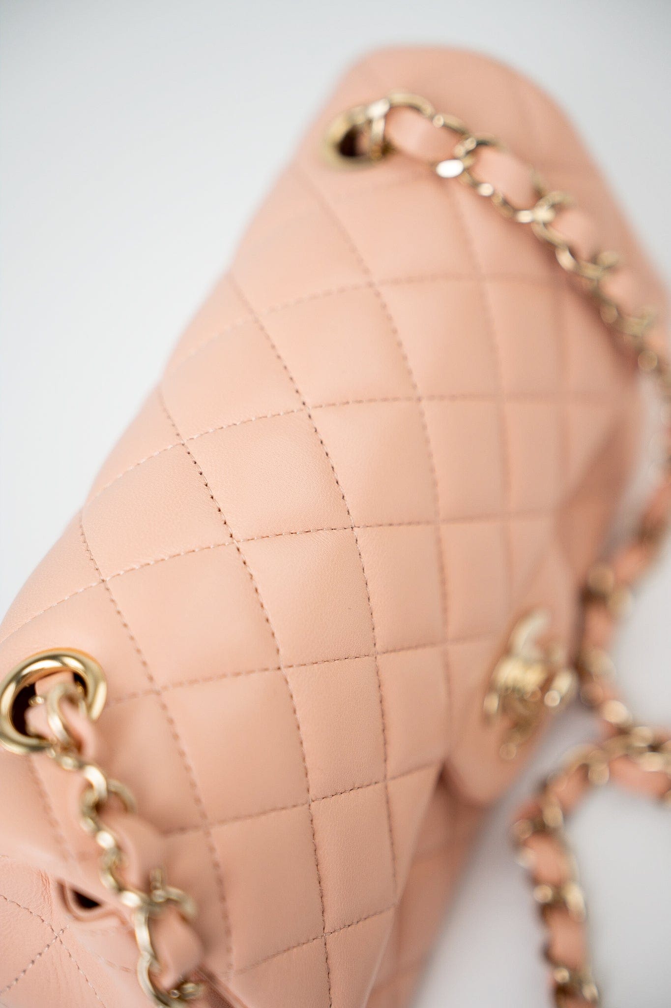 21P Rose Clair Pink/ Beige Lambskin Quilted Mini Rectangular Flap Light Gold Hardware