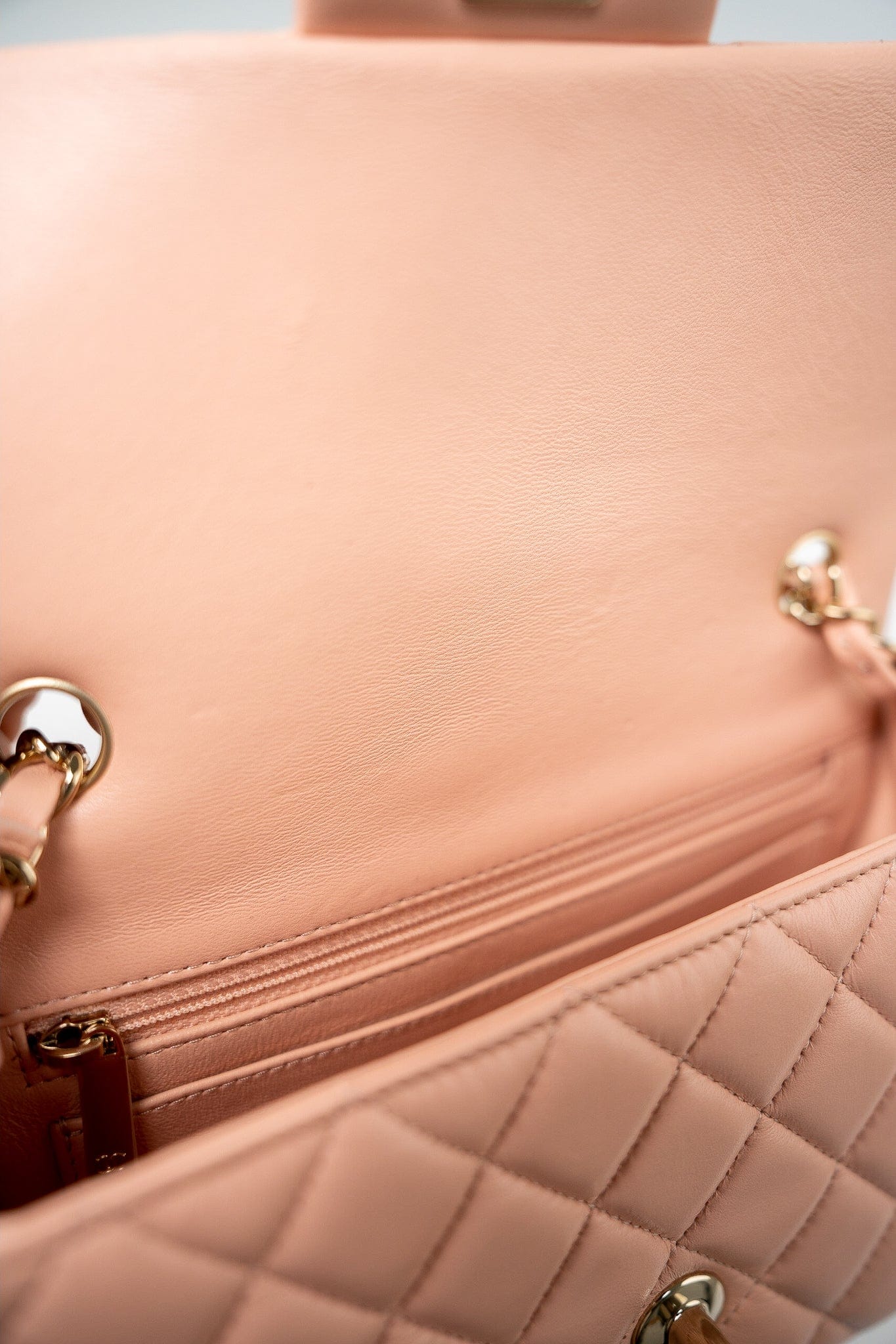 21P Rose Clair Pink/ Beige Lambskin Quilted Mini Rectangular Flap Light Gold Hardware