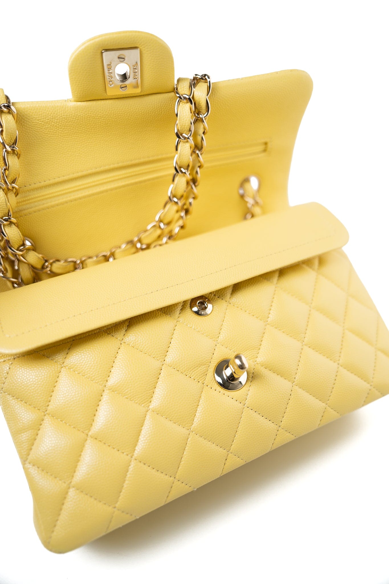 21P Yellow Caviar Quilted Classic Flap Small Light Gold Hardware