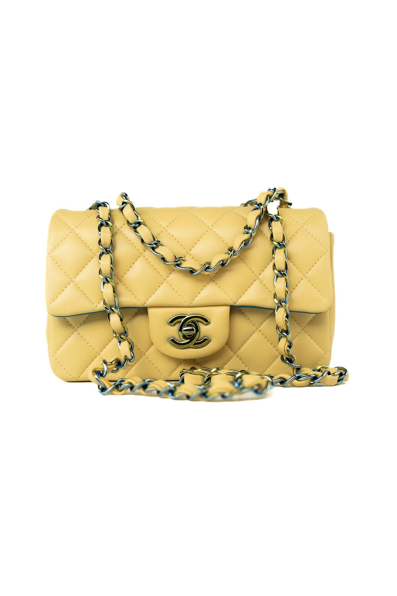 21P Yellow Lambskin Quilted Mini Rectangular Single Flap Blue Interior / Rainbow Hardware