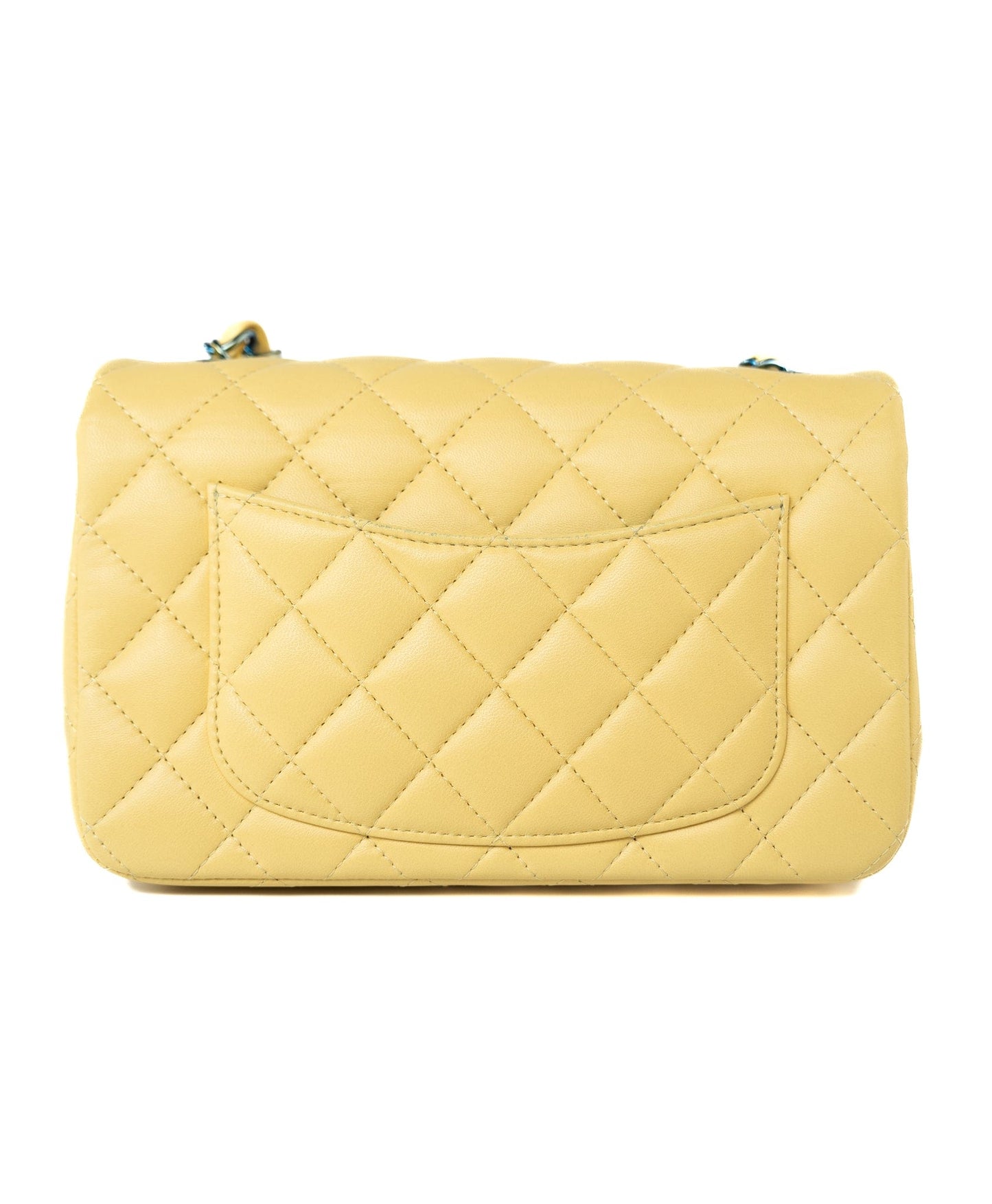 21P Yellow Lambskin Quilted Mini Rectangular Single Flap Blue Interior / Rainbow Hardware