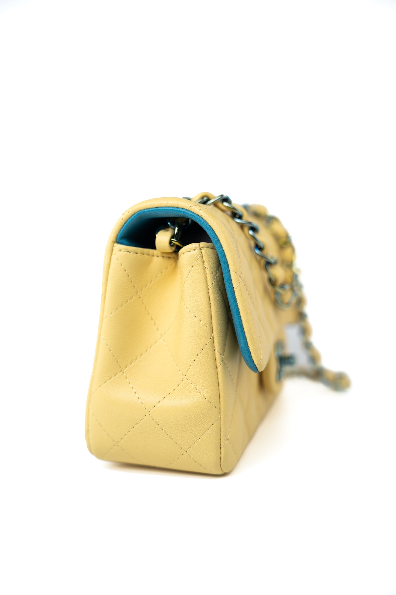 21P Yellow Lambskin Quilted Mini Rectangular Single Flap Blue Interior / Rainbow Hardware