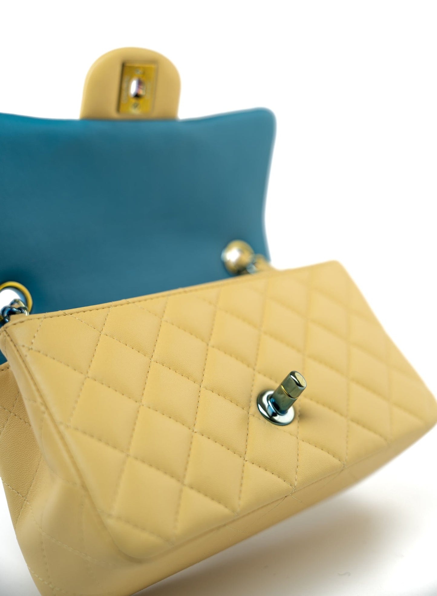 21P Yellow Lambskin Quilted Mini Rectangular Single Flap Blue Interior / Rainbow Hardware