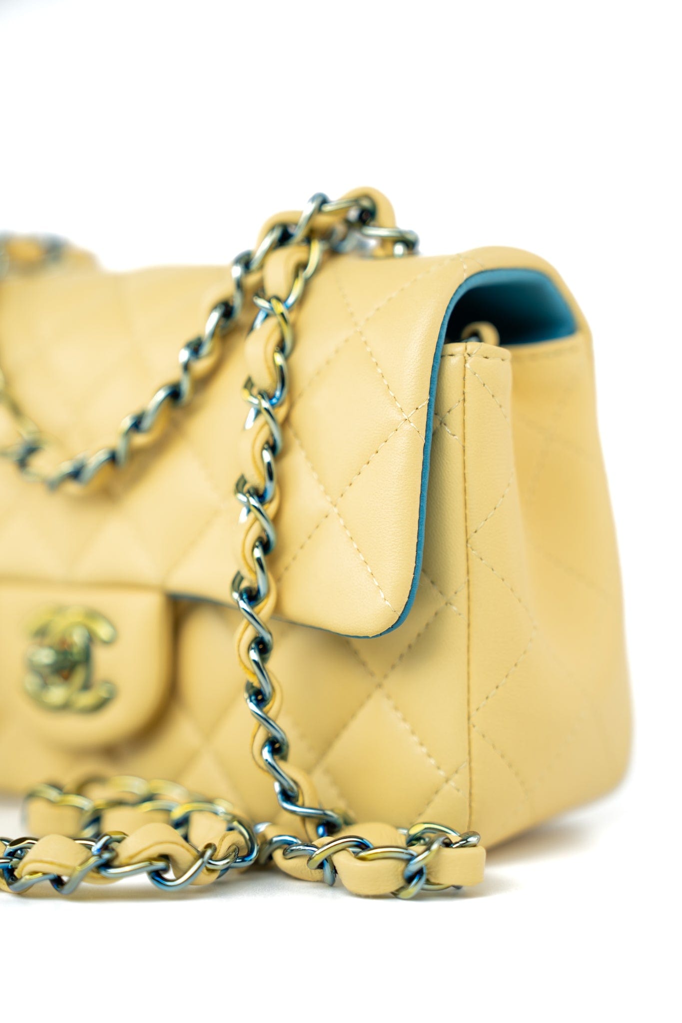 21P Yellow Lambskin Quilted Mini Rectangular Single Flap Blue Interior / Rainbow Hardware