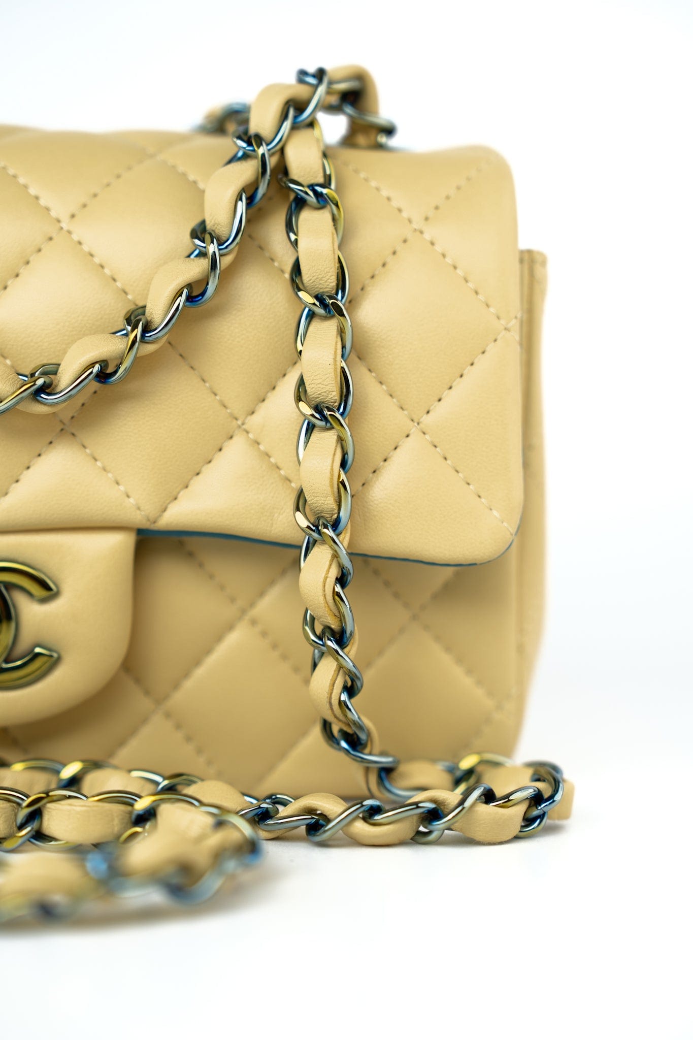 21P Yellow Lambskin Quilted Mini Rectangular Single Flap Blue Interior / Rainbow Hardware