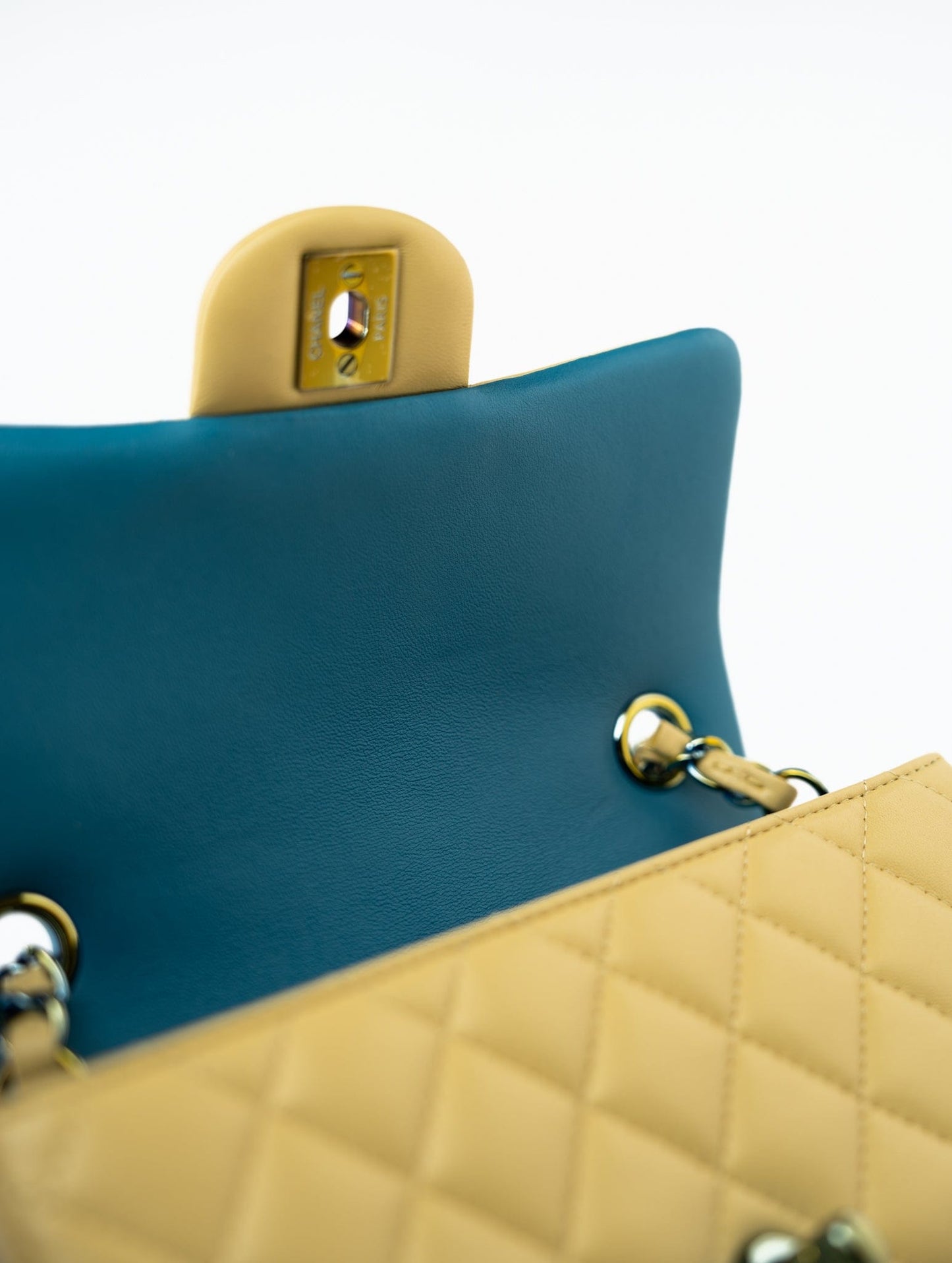 21P Yellow Lambskin Quilted Mini Rectangular Single Flap Blue Interior / Rainbow Hardware