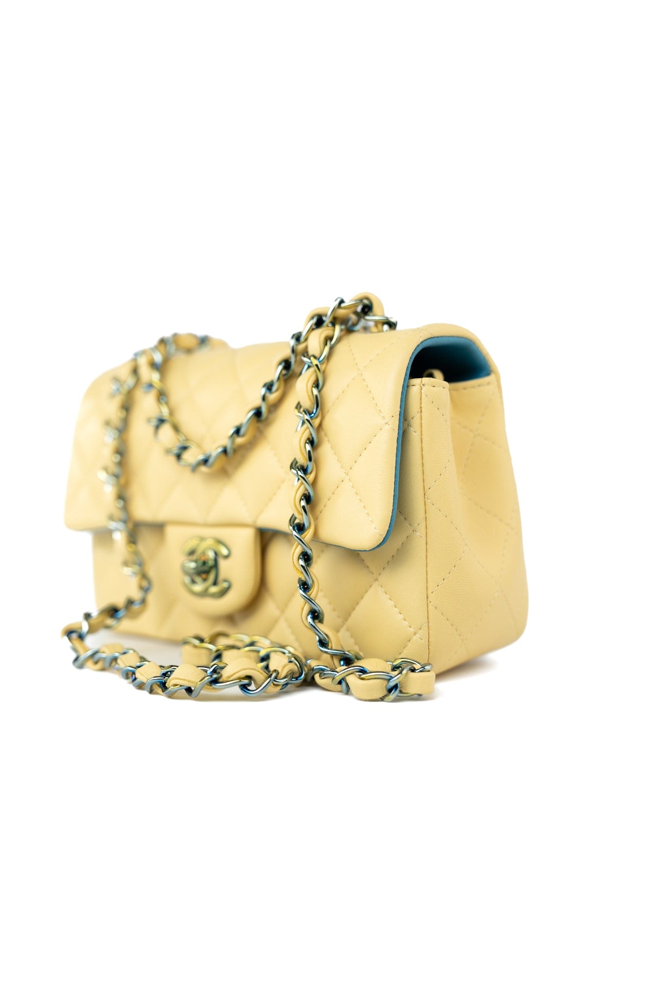 21P Yellow Lambskin Quilted Mini Rectangular Single Flap Blue Interior / Rainbow Hardware