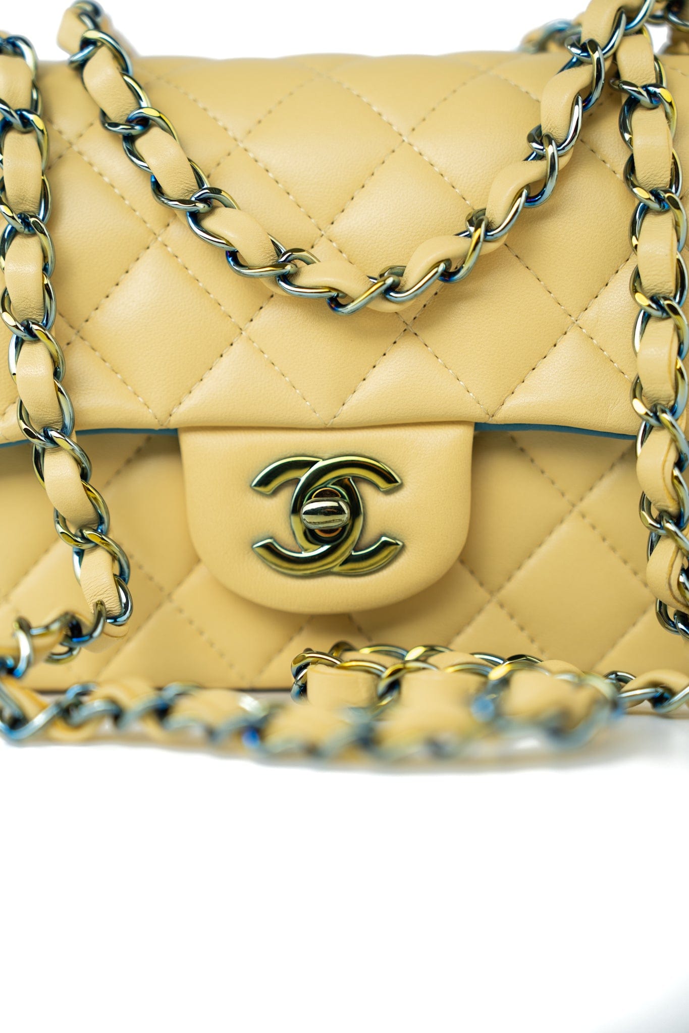 21P Yellow Lambskin Quilted Mini Rectangular Single Flap Blue Interior / Rainbow Hardware