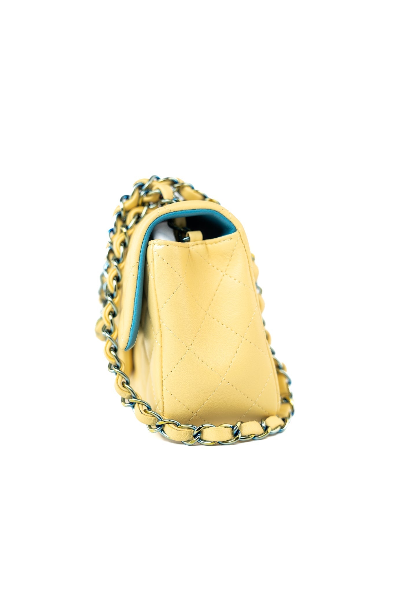 21P Yellow Lambskin Quilted Mini Rectangular Single Flap Blue Interior / Rainbow Hardware