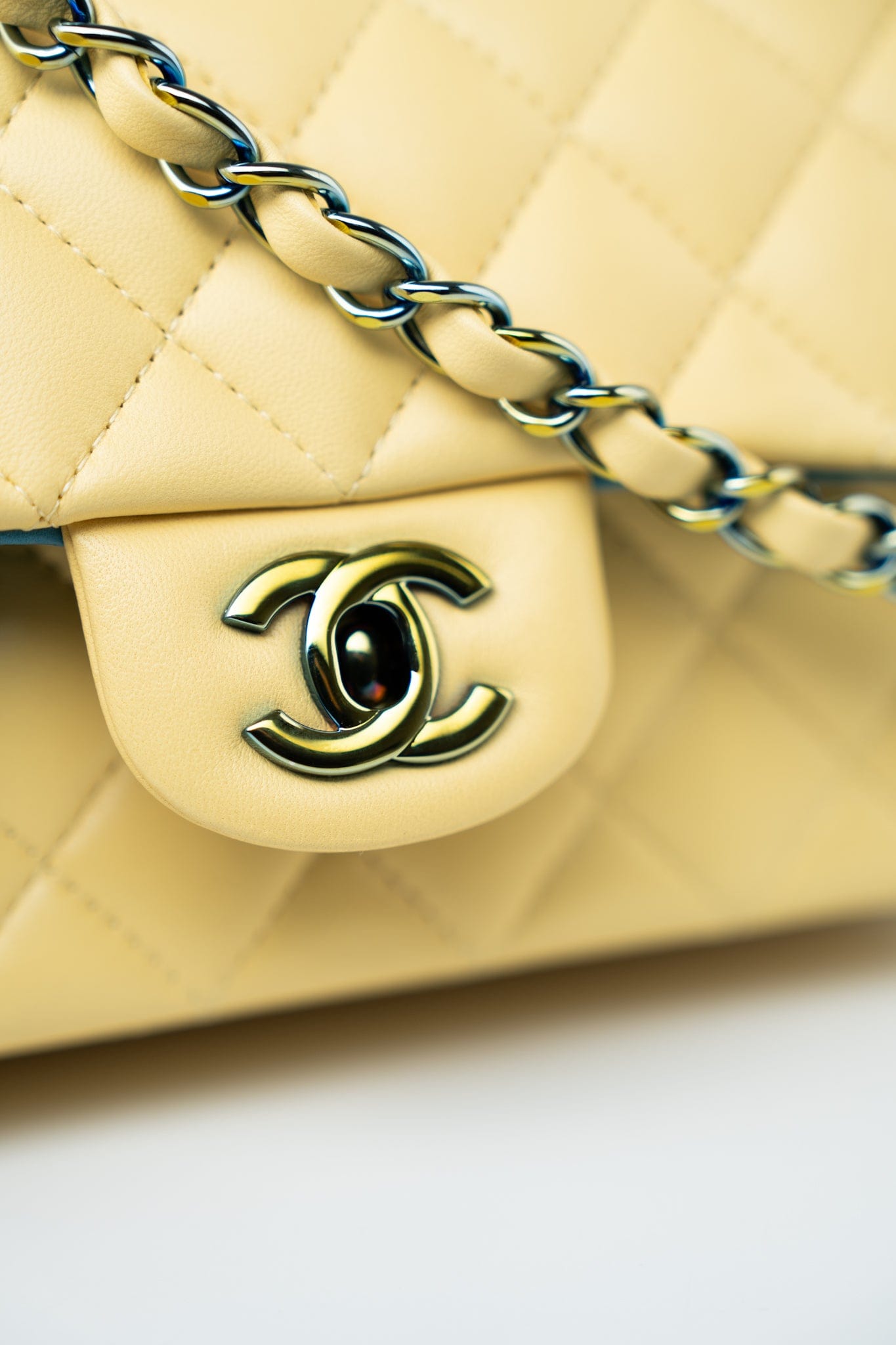 21P Yellow Lambskin Quilted Mini Rectangular Single Flap Blue Interior / Rainbow Hardware