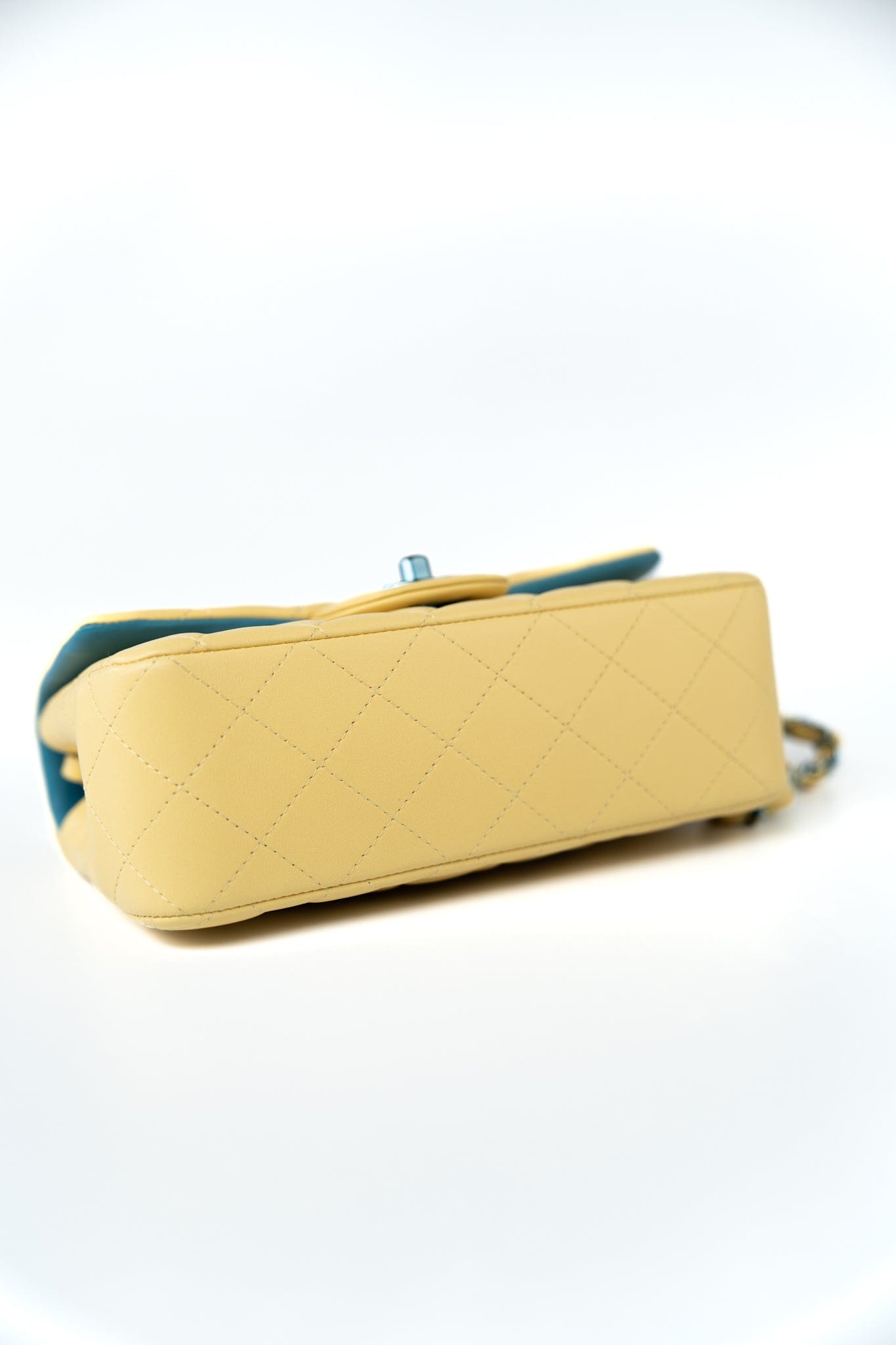 21P Yellow Lambskin Quilted Mini Rectangular Single Flap Blue Interior / Rainbow Hardware