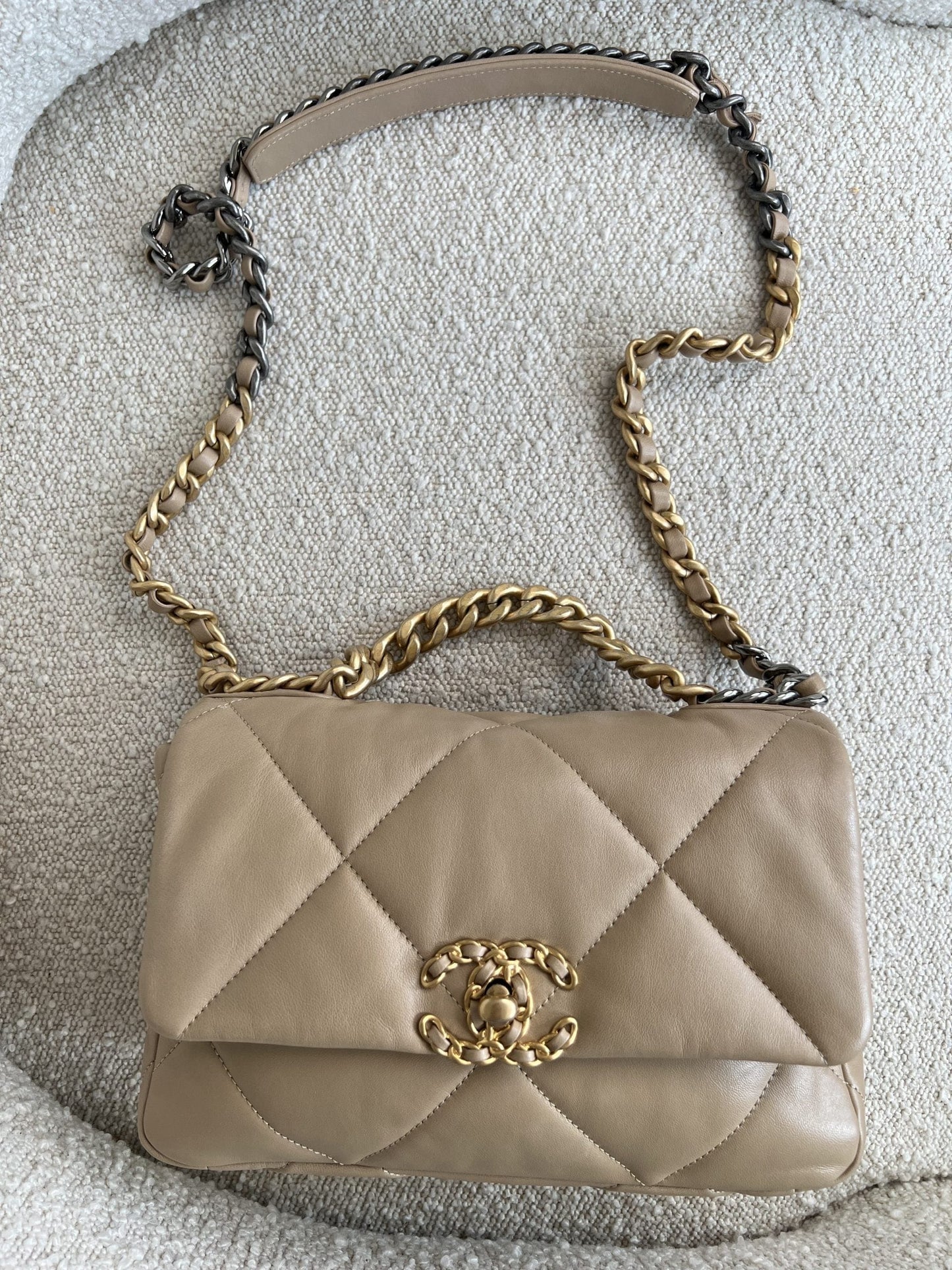 21S Beige Lambskin Quilted 19 Flap Small Mixed Hardware