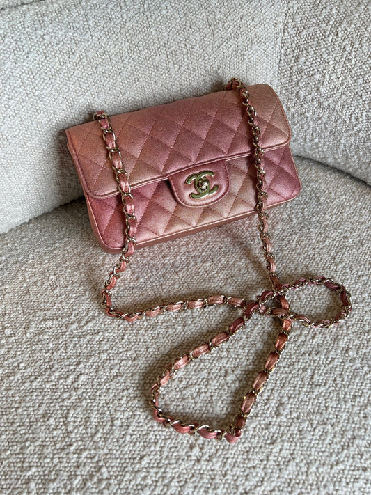 21S Chanel Metallic Rose Gold Calfskin Quilted Mini Rectangular Single Flap LGHW