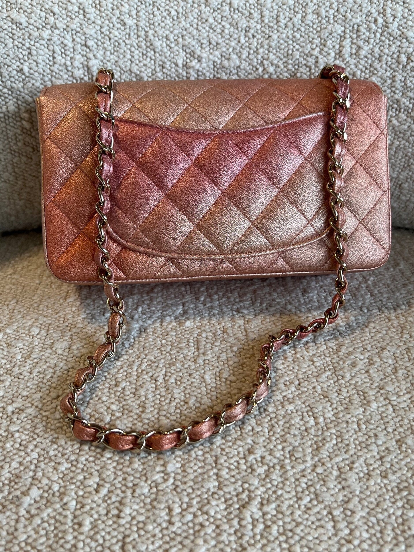 21S Chanel Metallic Rose Gold Calfskin Quilted Mini Rectangular Single Flap LGHW