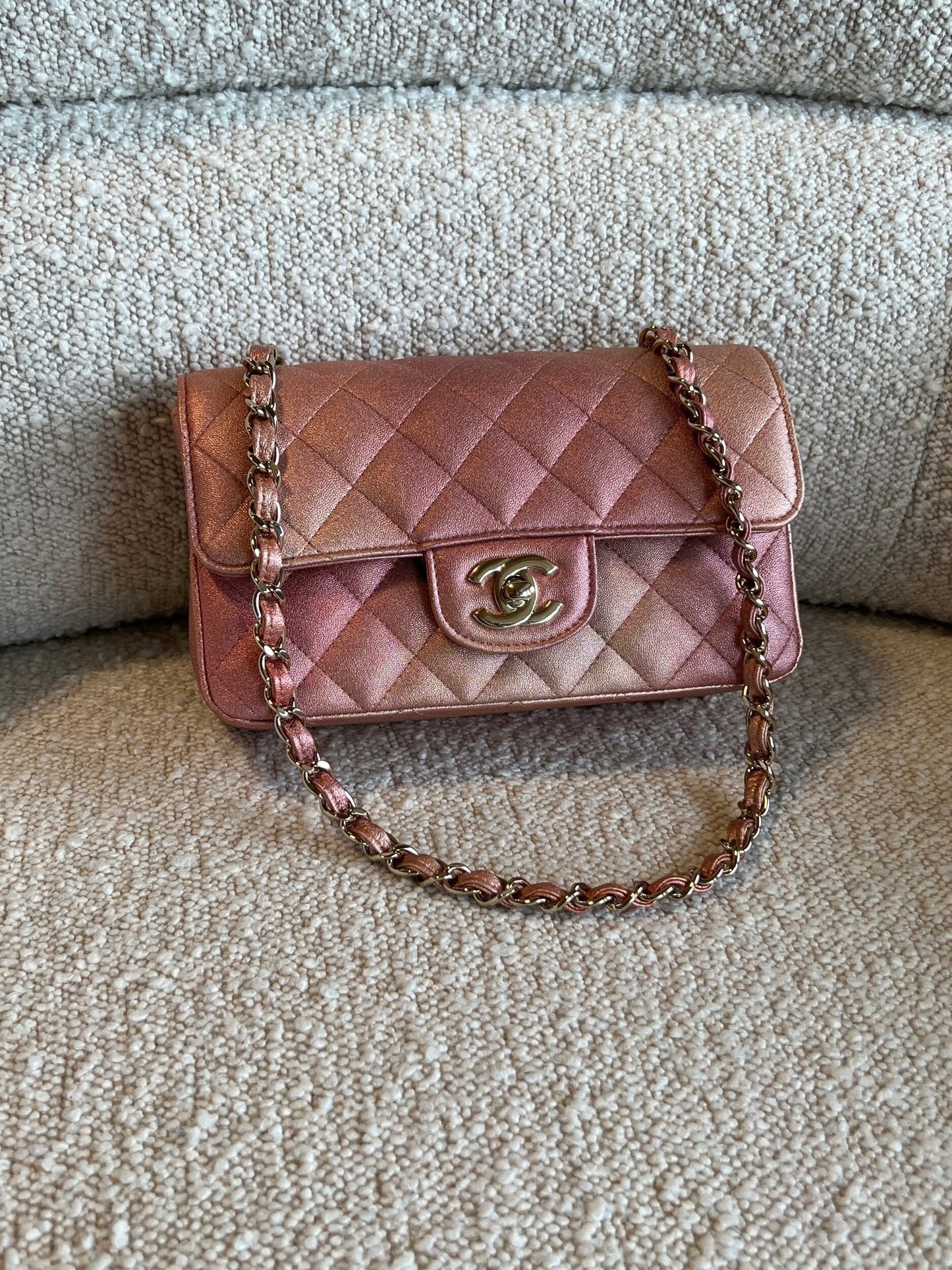 21S Chanel Metallic Rose Gold Calfskin Quilted Mini Rectangular Single Flap LGHW