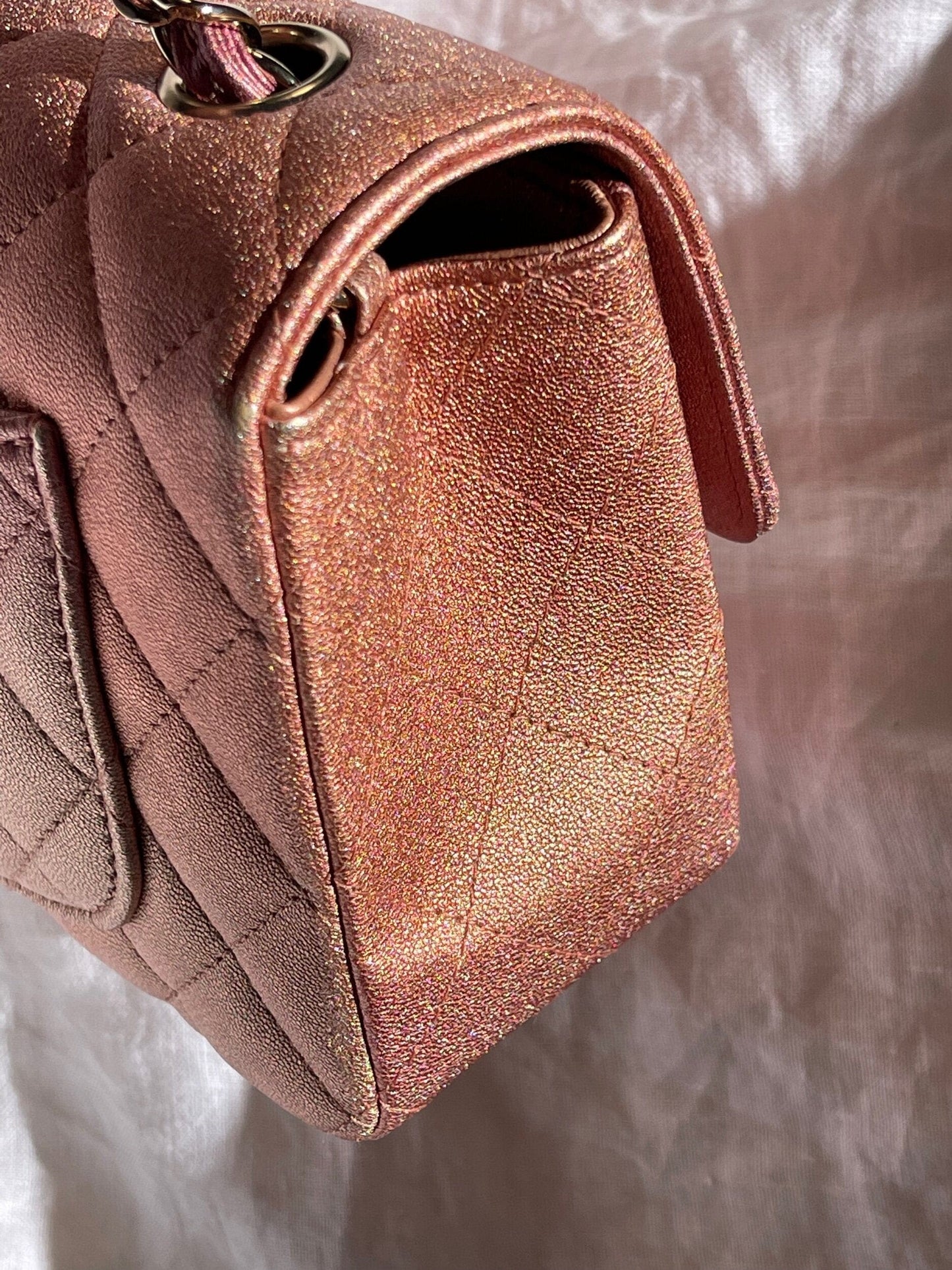 21S Chanel Metallic Rose Gold Calfskin Quilted Mini Rectangular Single Flap LGHW