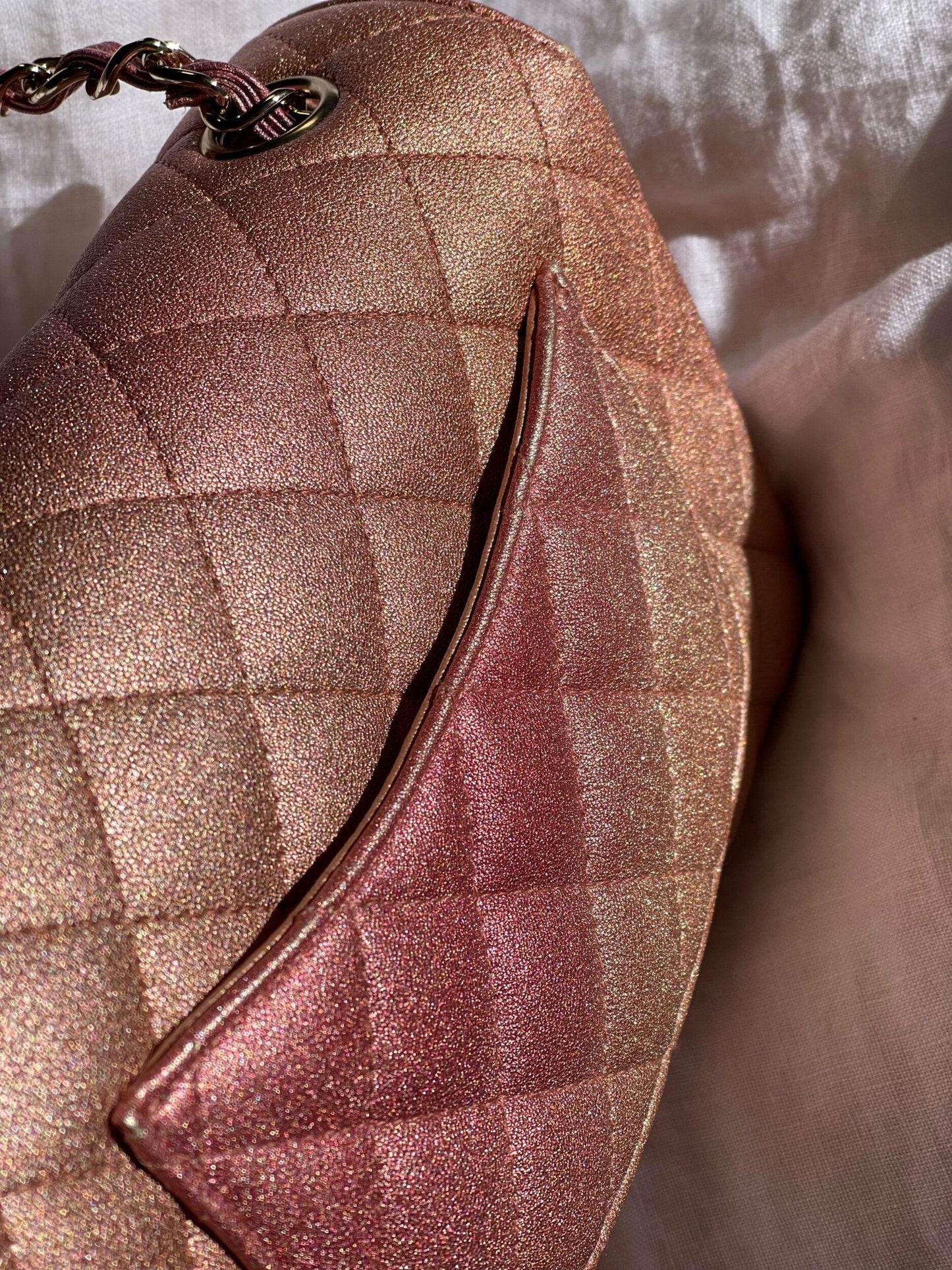 21S Chanel Metallic Rose Gold Calfskin Quilted Mini Rectangular Single Flap LGHW