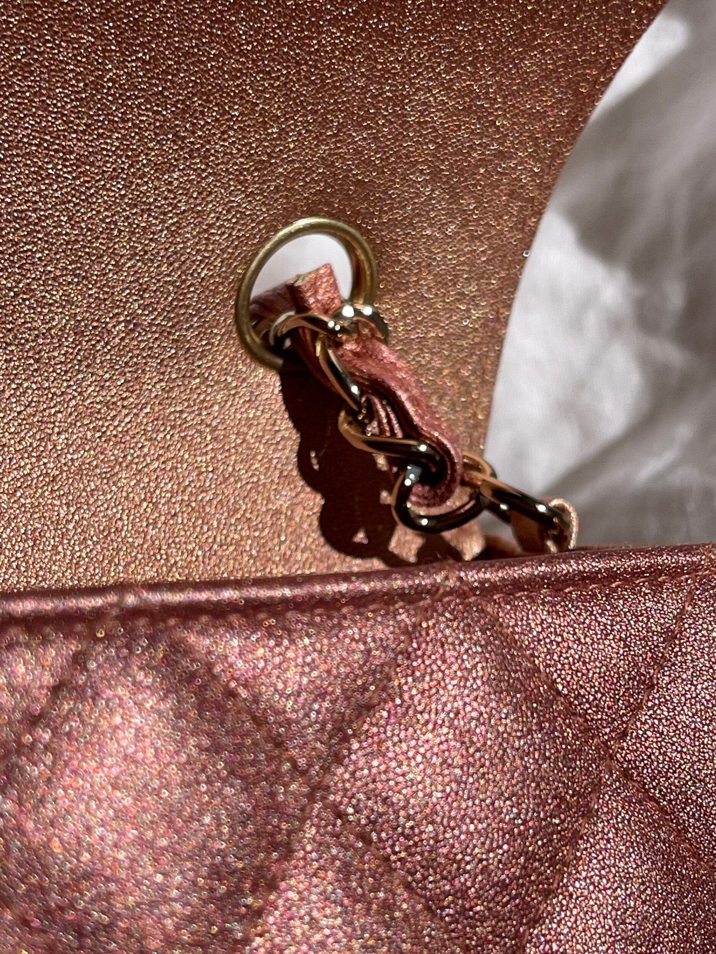 21S Chanel Metallic Rose Gold Calfskin Quilted Mini Rectangular Single Flap LGHW