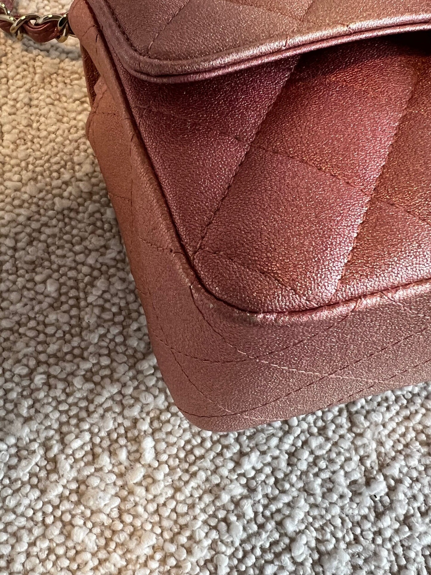 21S Chanel Metallic Rose Gold Calfskin Quilted Mini Rectangular Single Flap LGHW