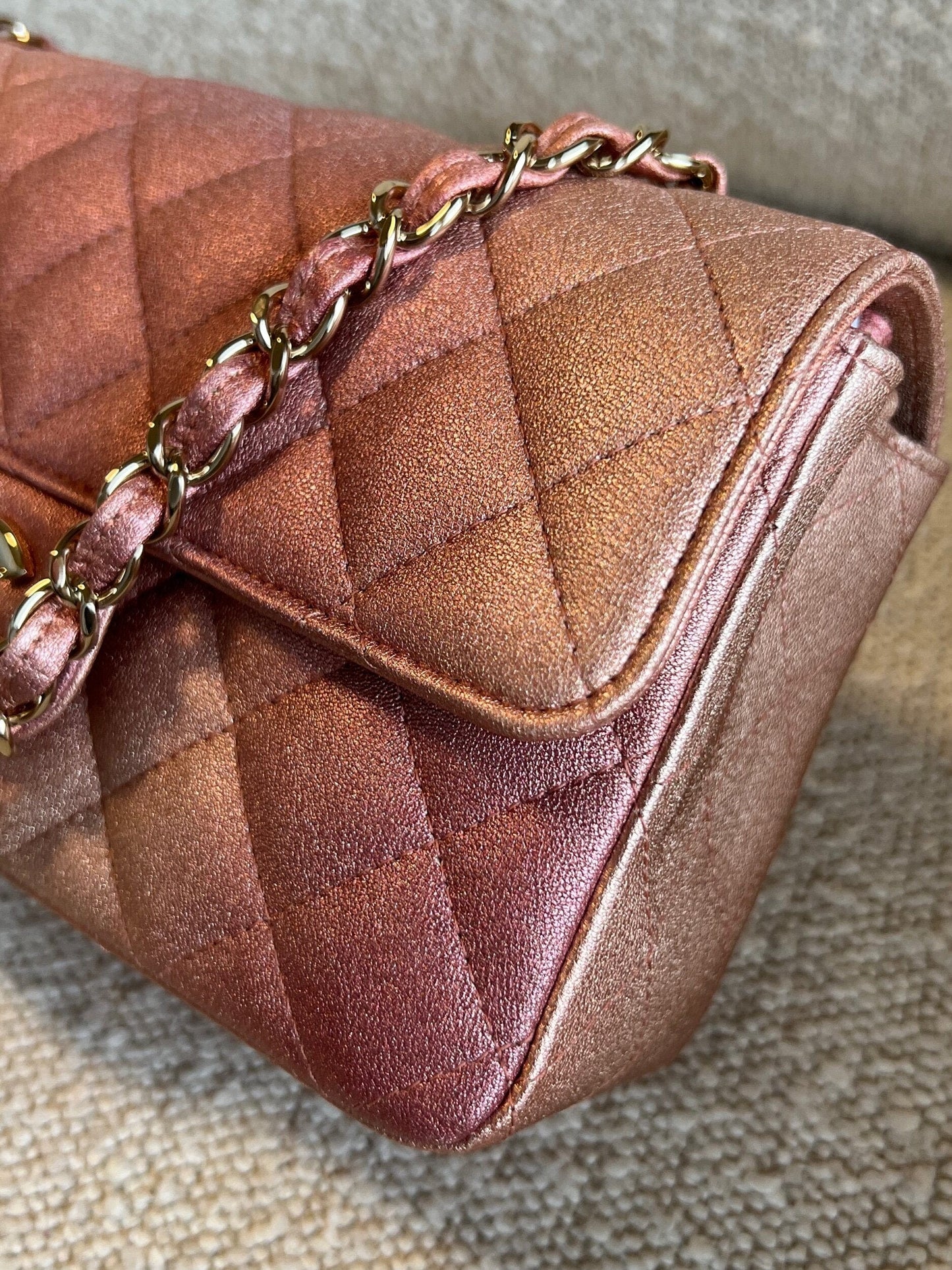 21S Chanel Metallic Rose Gold Calfskin Quilted Mini Rectangular Single Flap LGHW