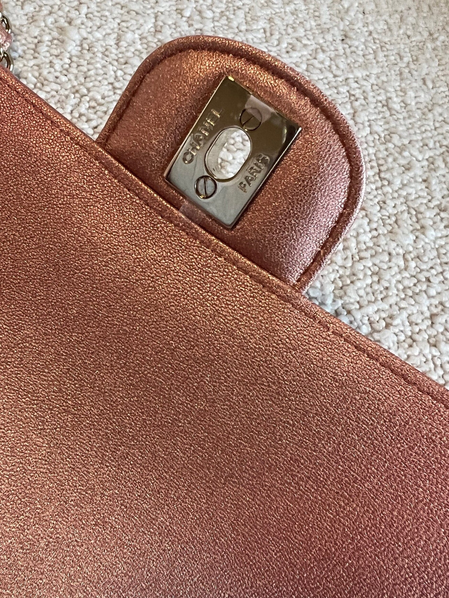 21S Chanel Metallic Rose Gold Calfskin Quilted Mini Rectangular Single Flap LGHW