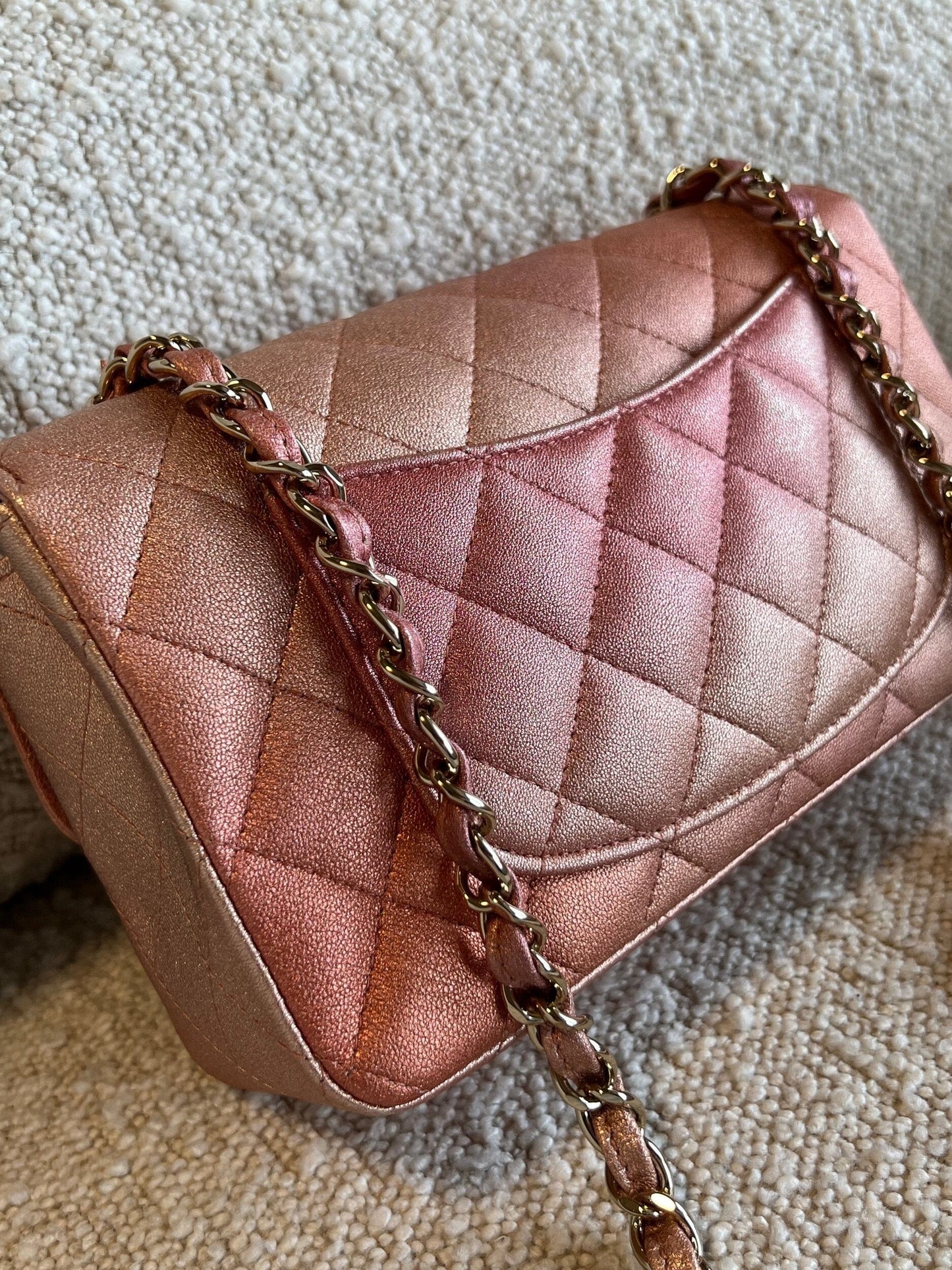 21S Chanel Metallic Rose Gold Calfskin Quilted Mini Rectangular Single Flap LGHW