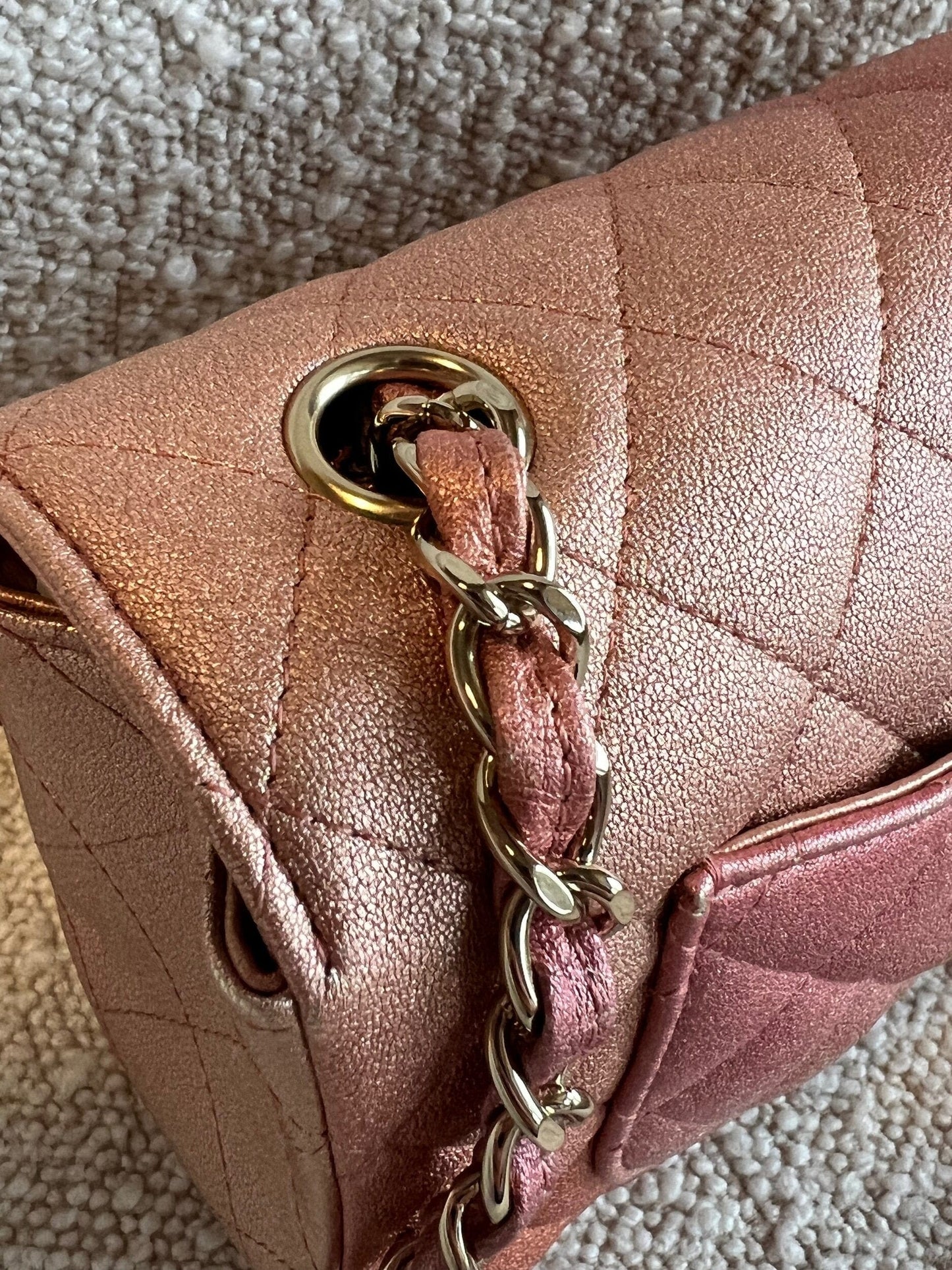 21S Chanel Metallic Rose Gold Calfskin Quilted Mini Rectangular Single Flap LGHW