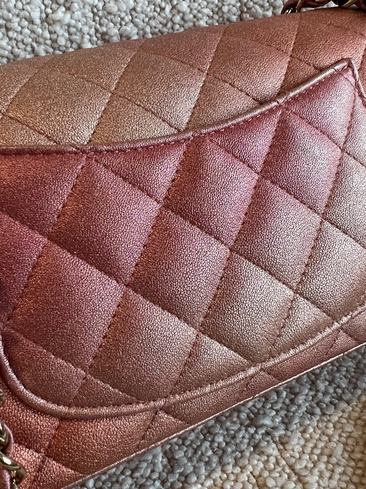 21S Chanel Metallic Rose Gold Calfskin Quilted Mini Rectangular Single Flap LGHW