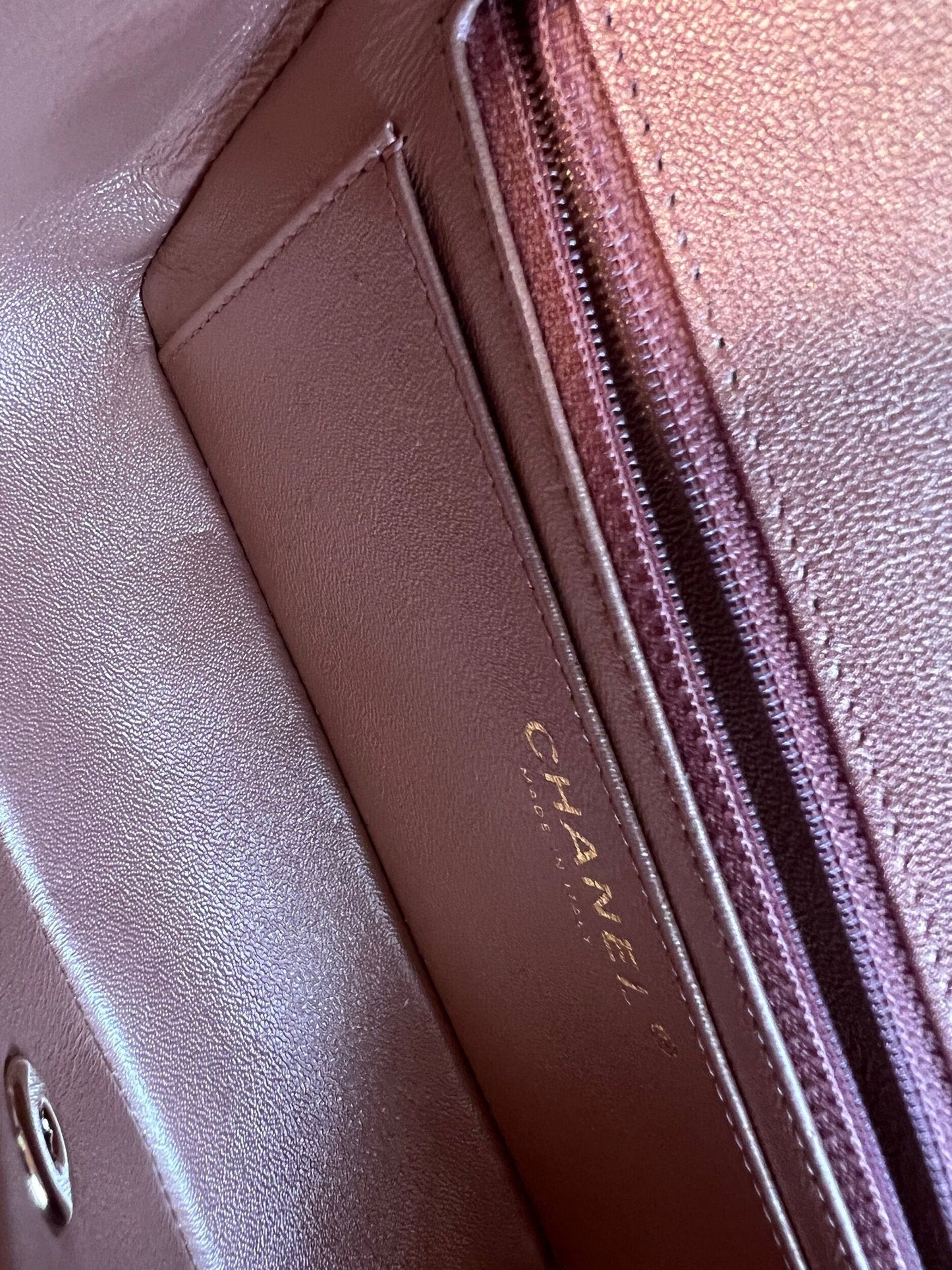 21S Chanel Metallic Rose Gold Calfskin Quilted Mini Rectangular Single Flap LGHW