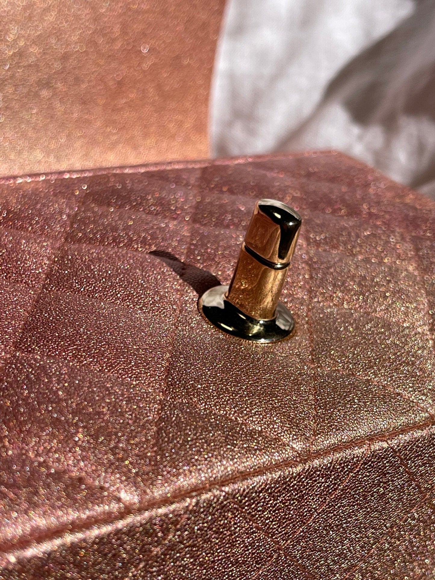 21S Chanel Metallic Rose Gold Calfskin Quilted Mini Rectangular Single Flap LGHW