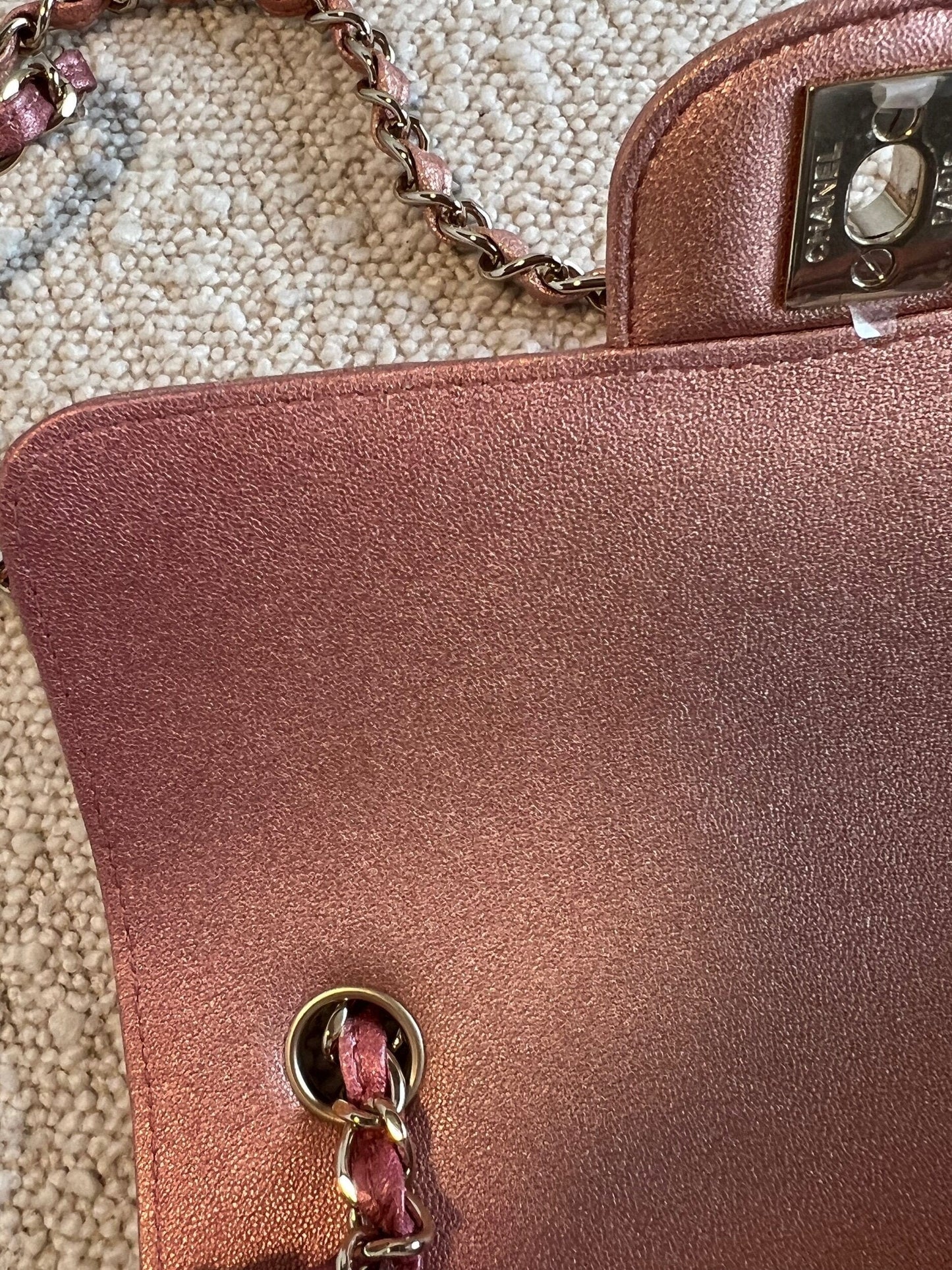 21S Chanel Metallic Rose Gold Calfskin Quilted Mini Rectangular Single Flap LGHW