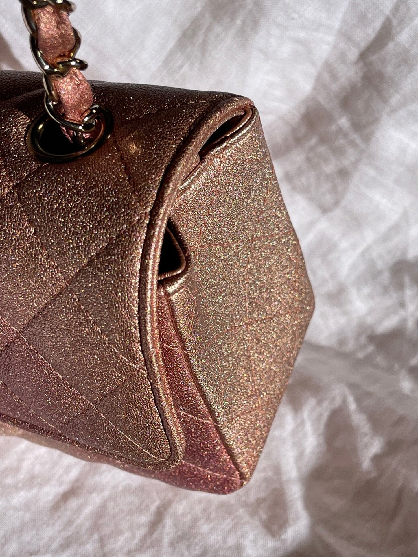 21S Chanel Metallic Rose Gold Calfskin Quilted Mini Rectangular Single Flap LGHW