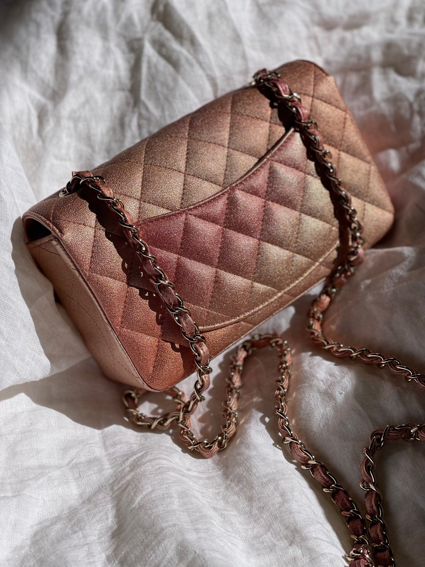 21S Chanel Metallic Rose Gold Calfskin Quilted Mini Rectangular Single Flap LGHW