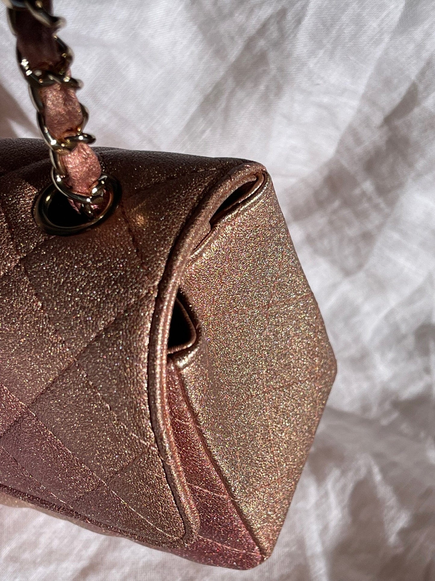 21S Chanel Metallic Rose Gold Calfskin Quilted Mini Rectangular Single Flap LGHW