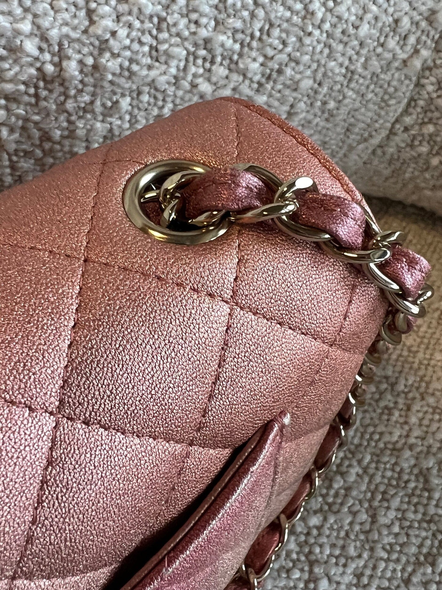 21S Chanel Metallic Rose Gold Calfskin Quilted Mini Rectangular Single Flap LGHW