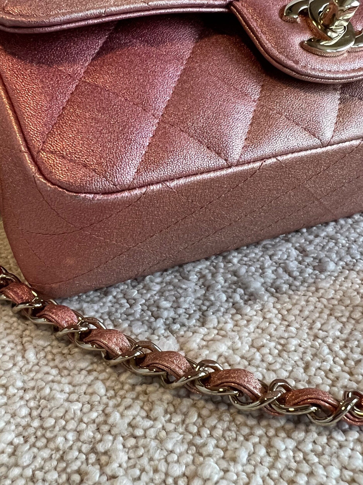 21S Chanel Metallic Rose Gold Calfskin Quilted Mini Rectangular Single Flap LGHW