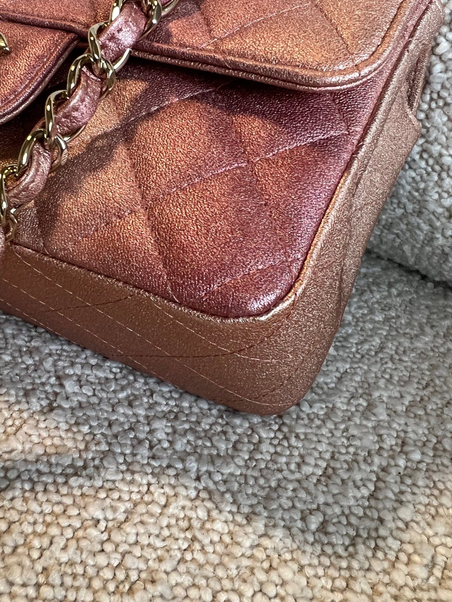 21S Chanel Metallic Rose Gold Calfskin Quilted Mini Rectangular Single Flap LGHW