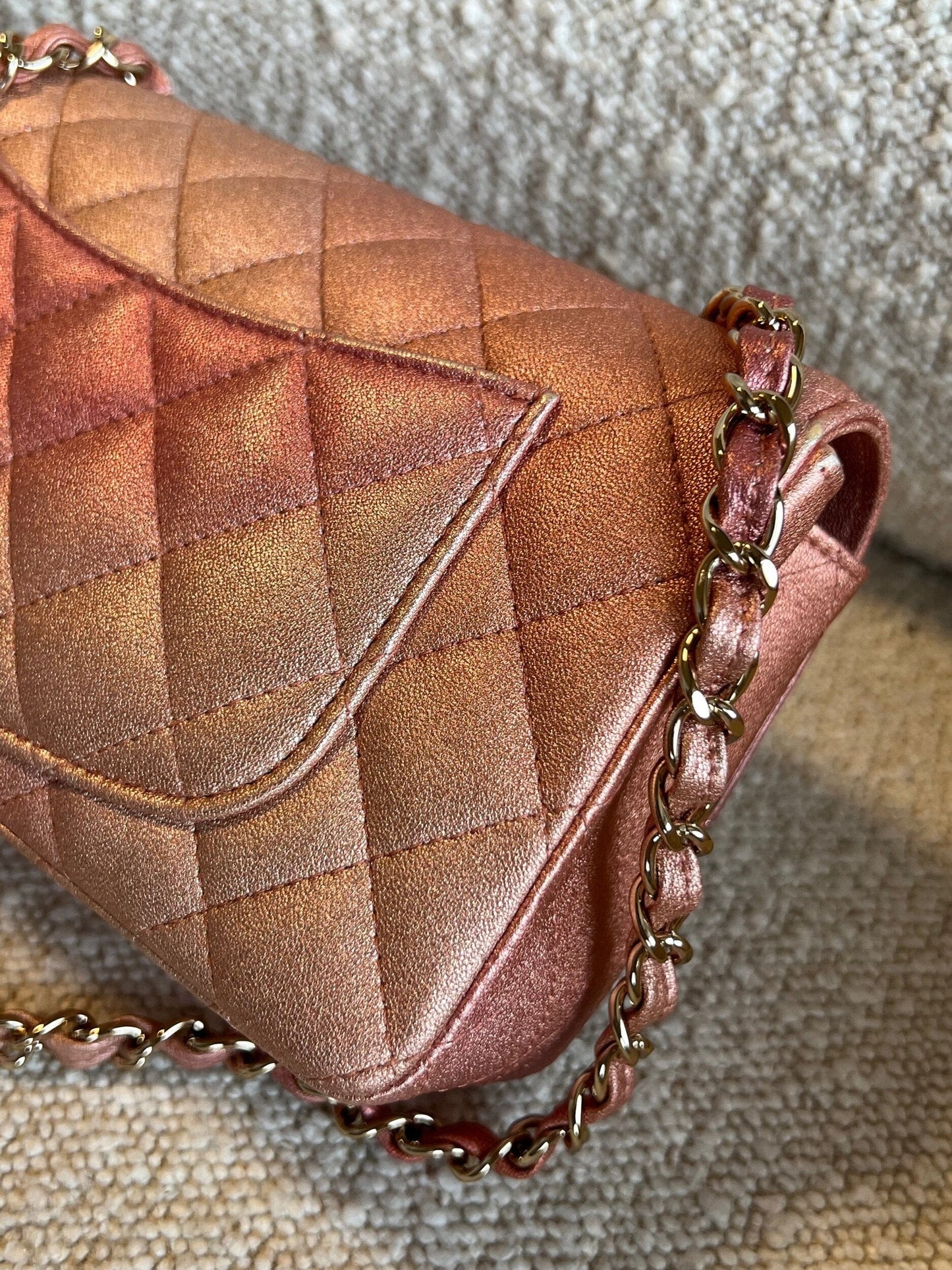 21S Chanel Metallic Rose Gold Calfskin Quilted Mini Rectangular Single Flap LGHW