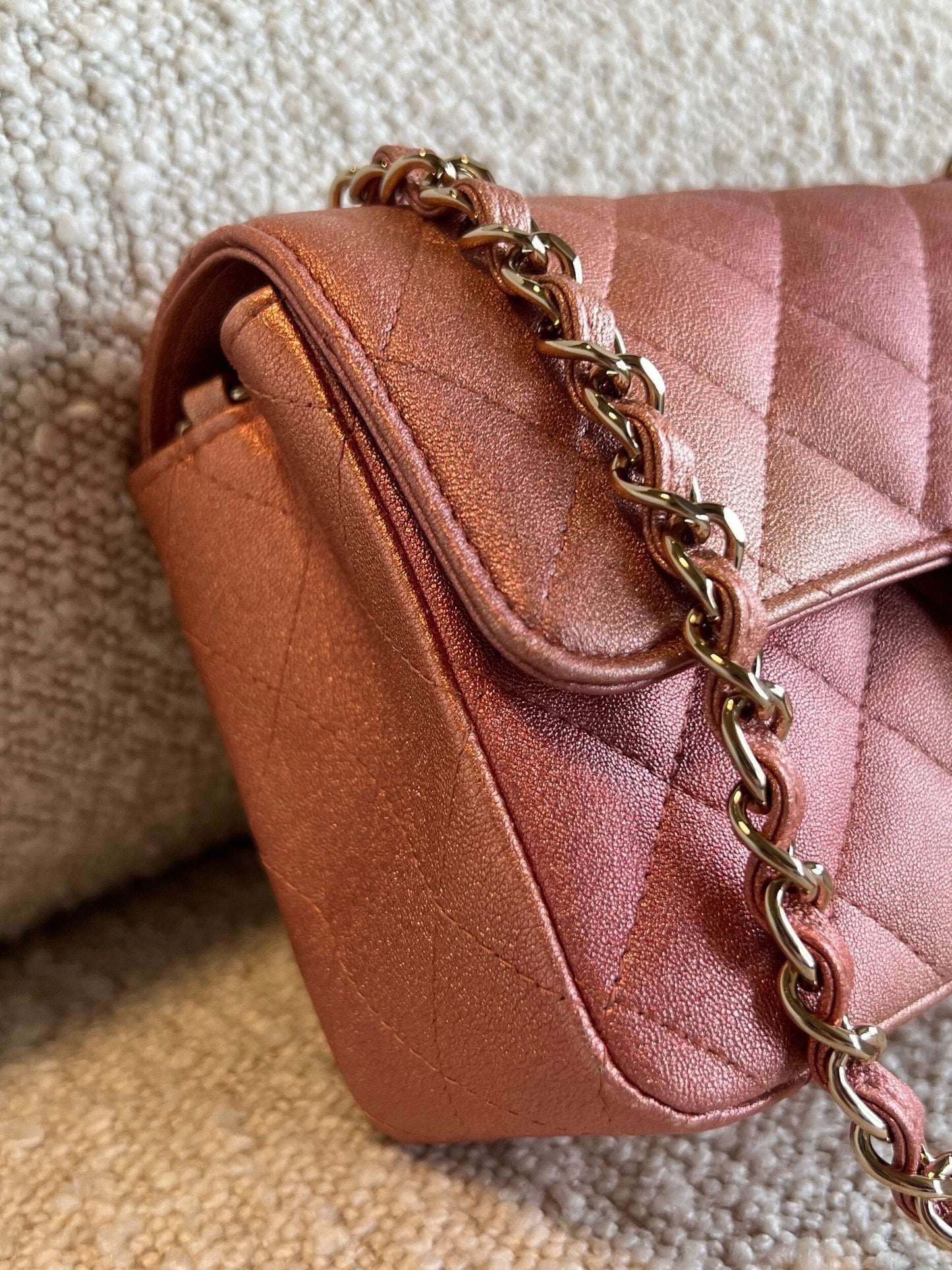 21S Chanel Metallic Rose Gold Calfskin Quilted Mini Rectangular Single Flap LGHW