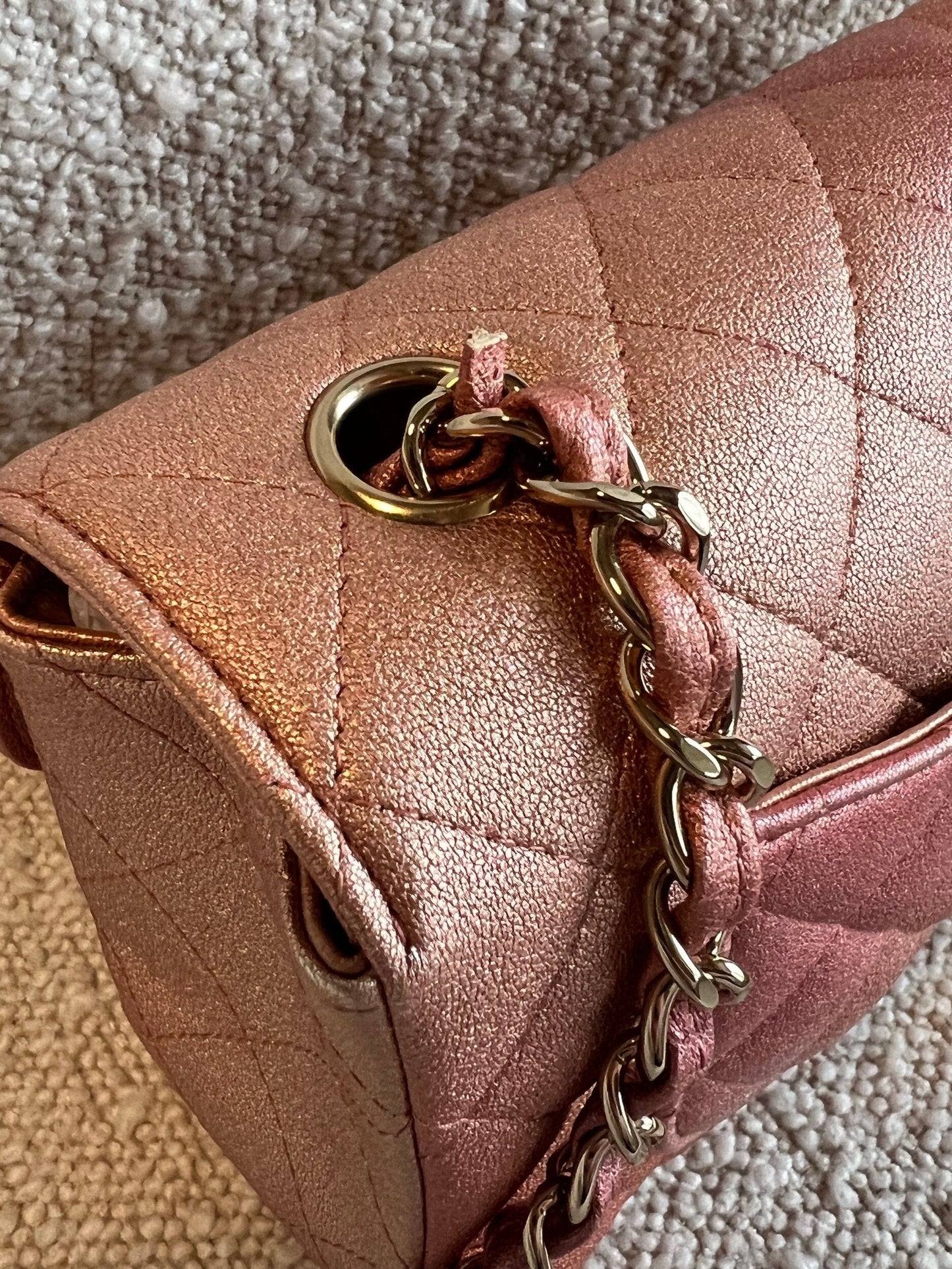 21S Chanel Metallic Rose Gold Calfskin Quilted Mini Rectangular Single Flap LGHW