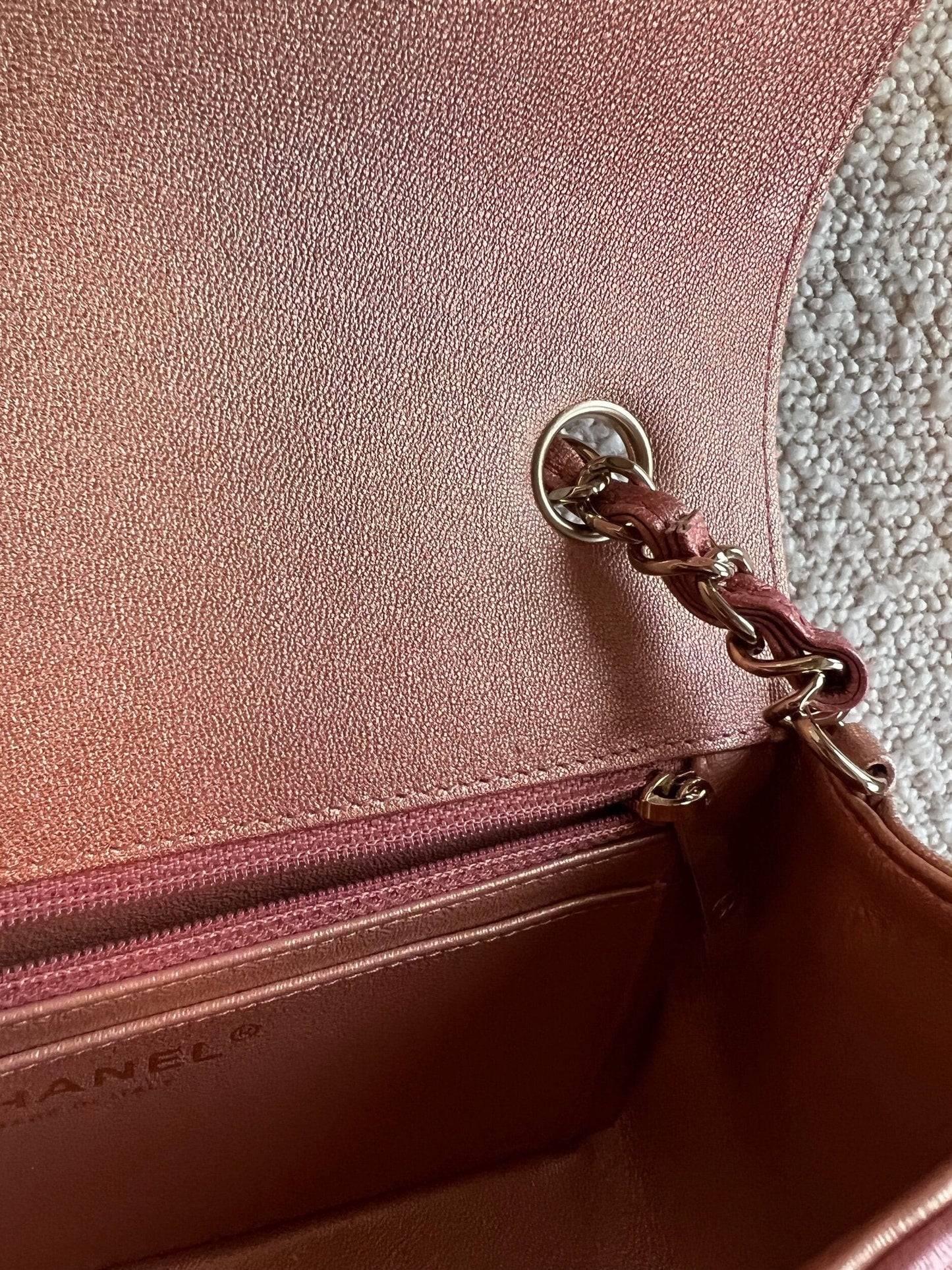 21S Chanel Metallic Rose Gold Calfskin Quilted Mini Rectangular Single Flap LGHW