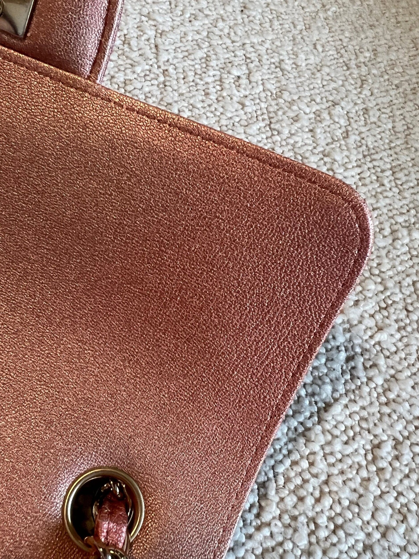 21S Chanel Metallic Rose Gold Calfskin Quilted Mini Rectangular Single Flap LGHW