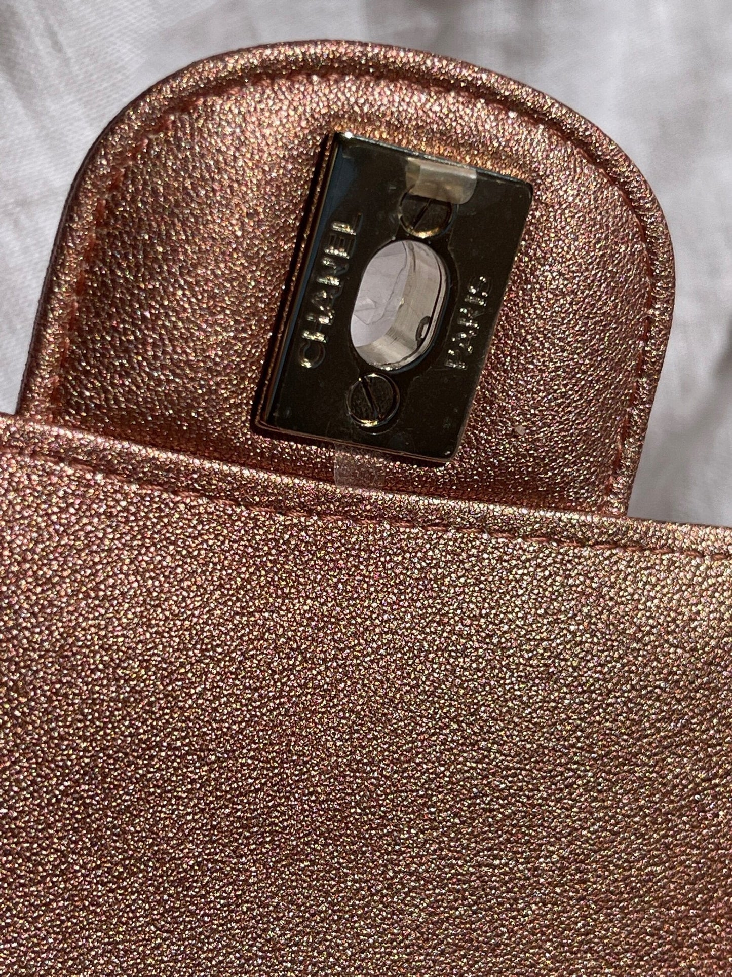 21S Chanel Metallic Rose Gold Calfskin Quilted Mini Rectangular Single Flap LGHW