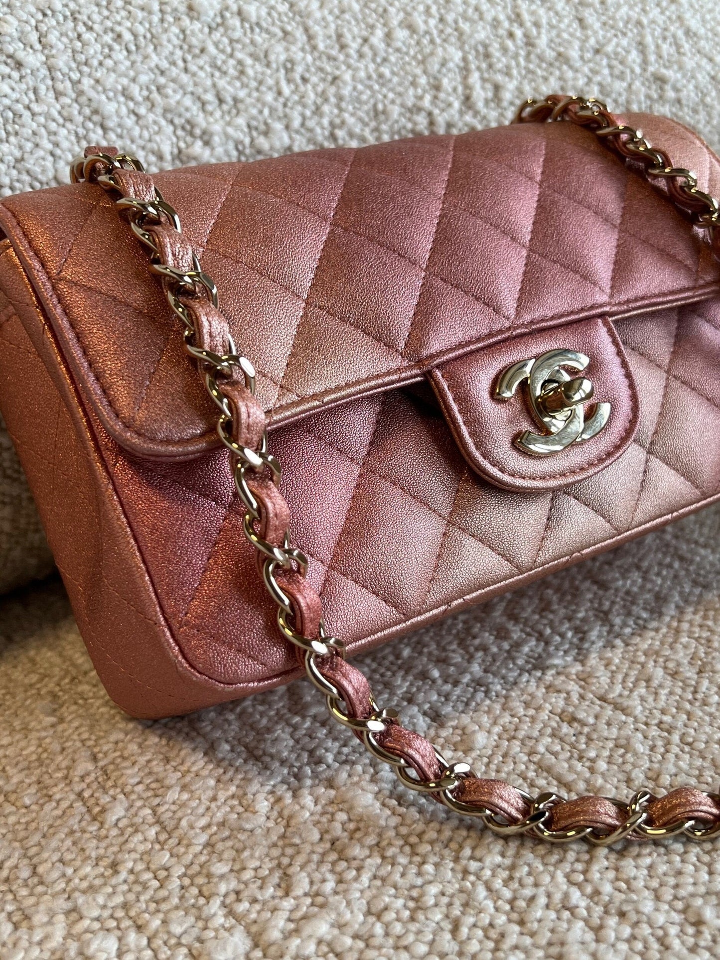 21S Chanel Metallic Rose Gold Calfskin Quilted Mini Rectangular Single Flap LGHW