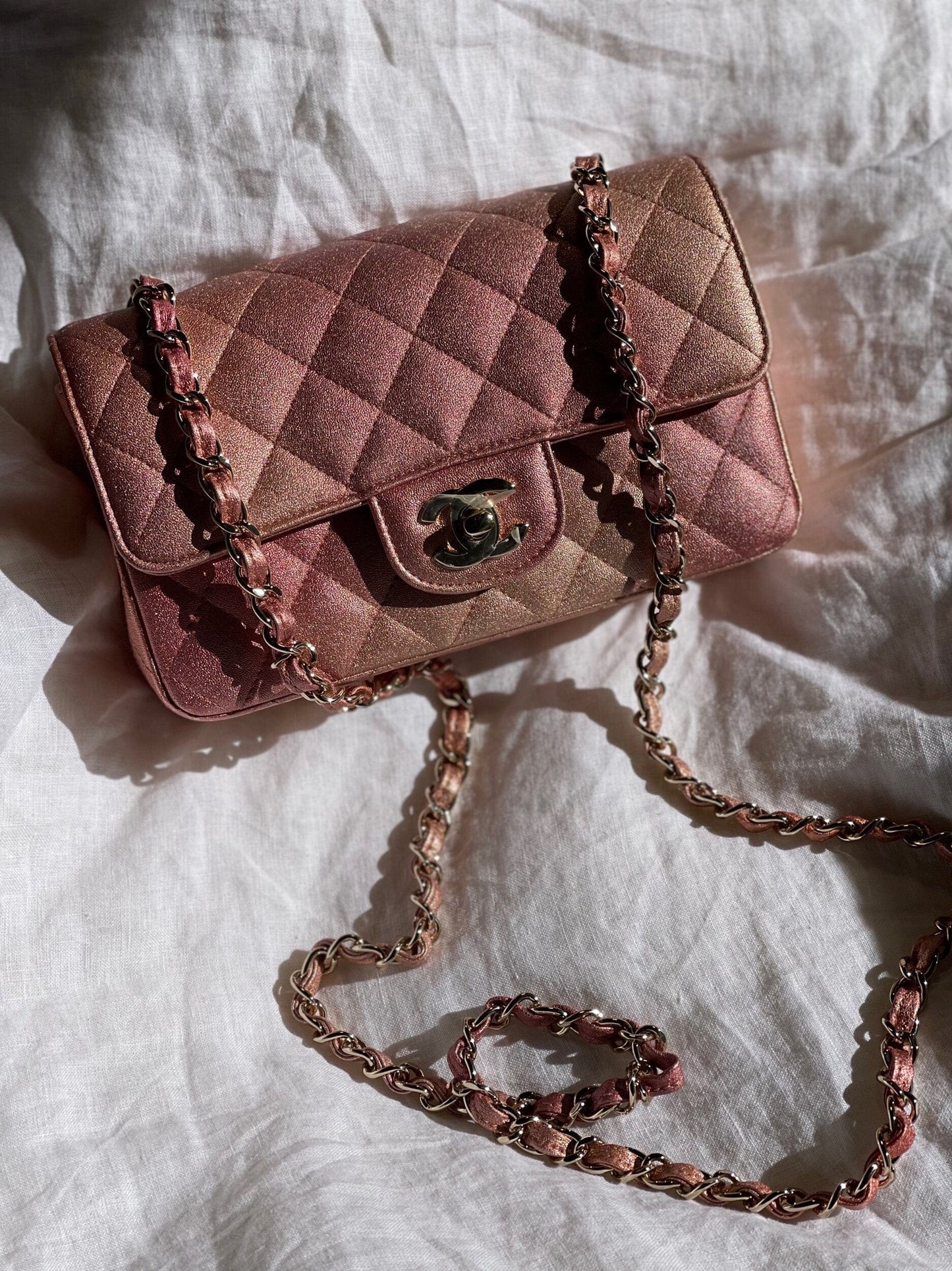 21S Chanel Metallic Rose Gold Calfskin Quilted Mini Rectangular Single Flap LGHW