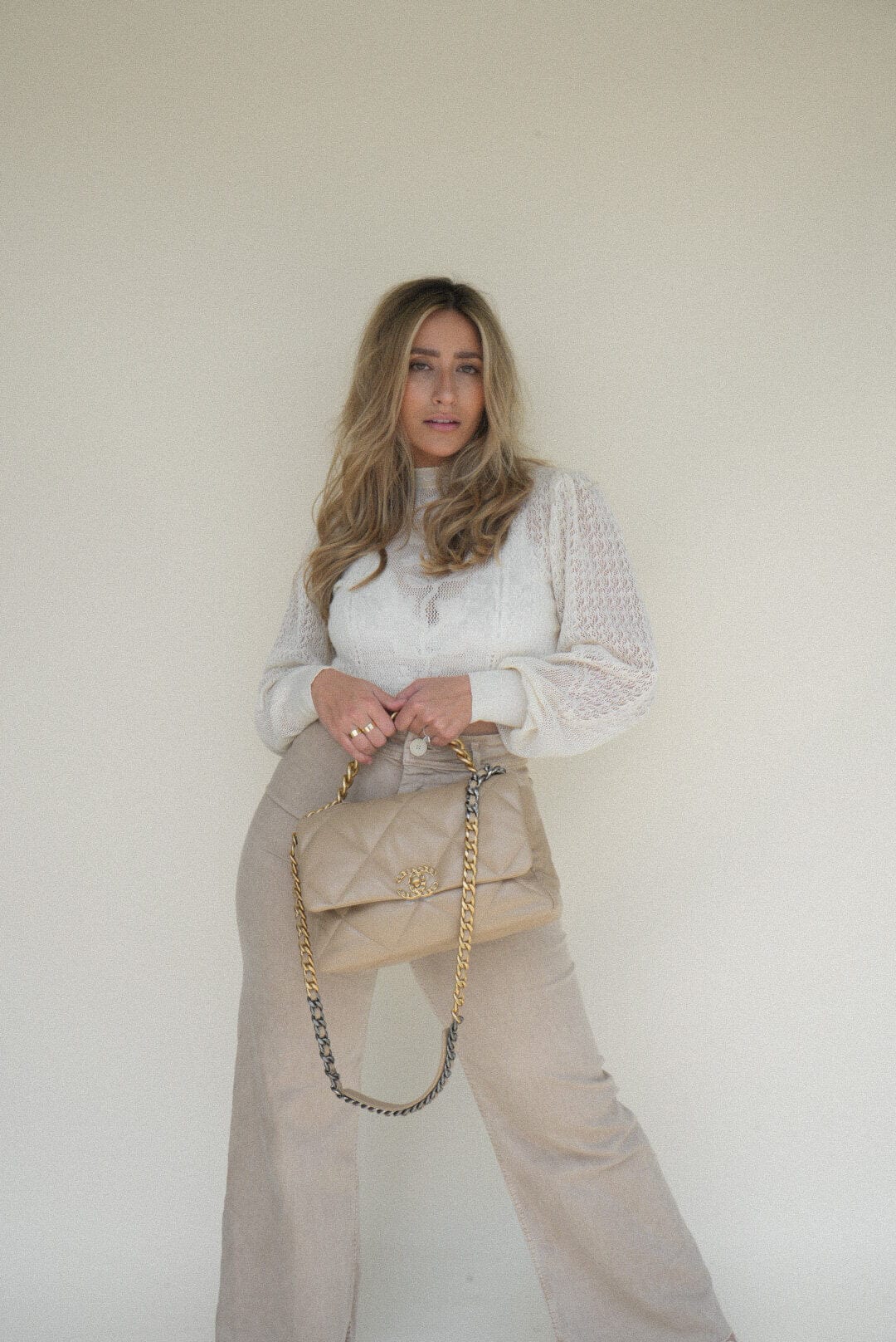 21S Large Beige/Gold Lambskin Quilted 19 Flap Mixed Hardware