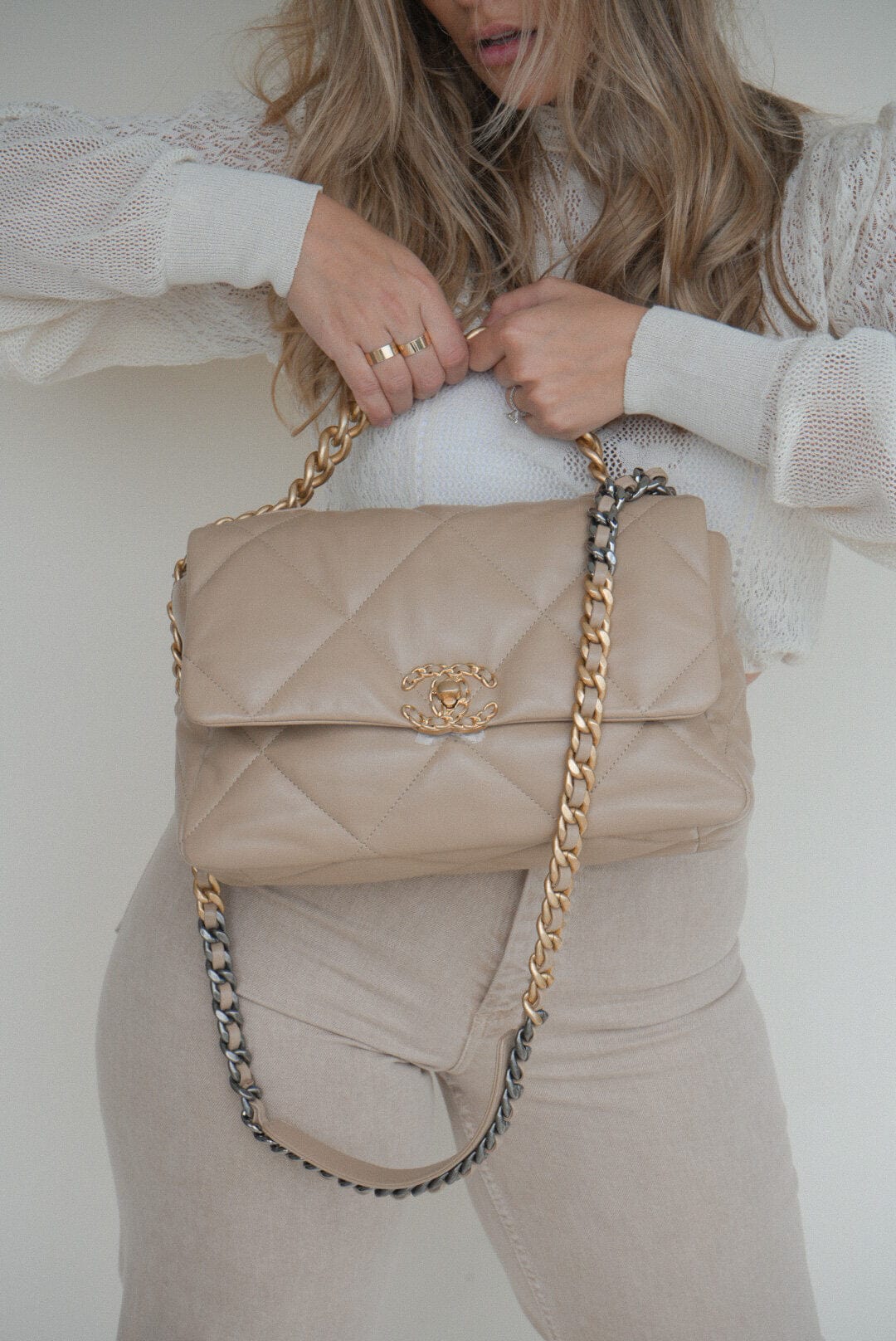 21S Large Beige/Gold Lambskin Quilted 19 Flap Mixed Hardware