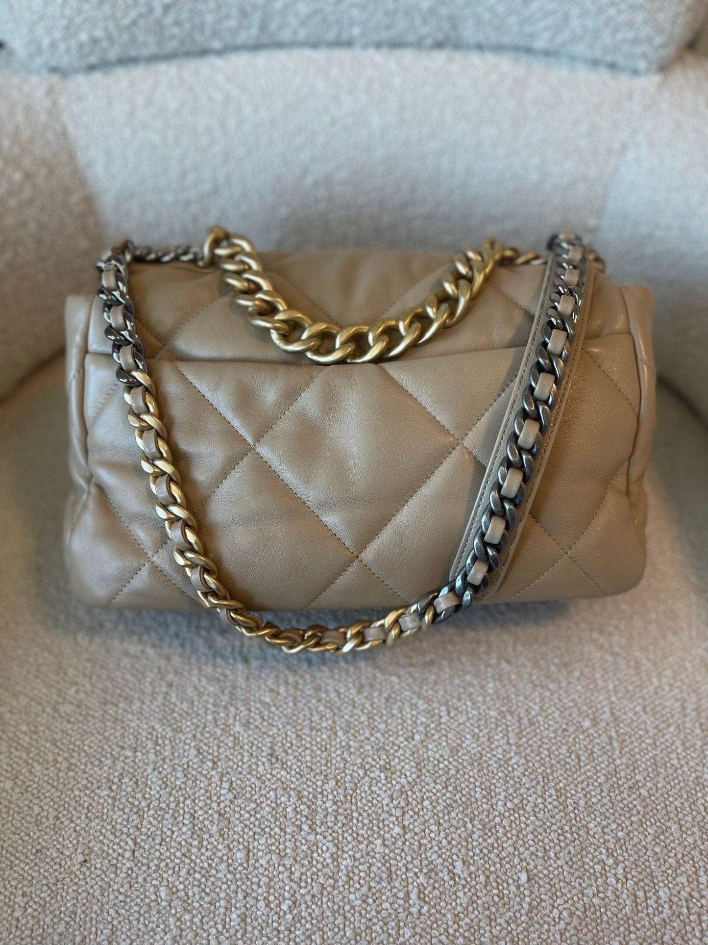 21S Large Beige/Gold Lambskin Quilted 19 Flap Mixed Hardware