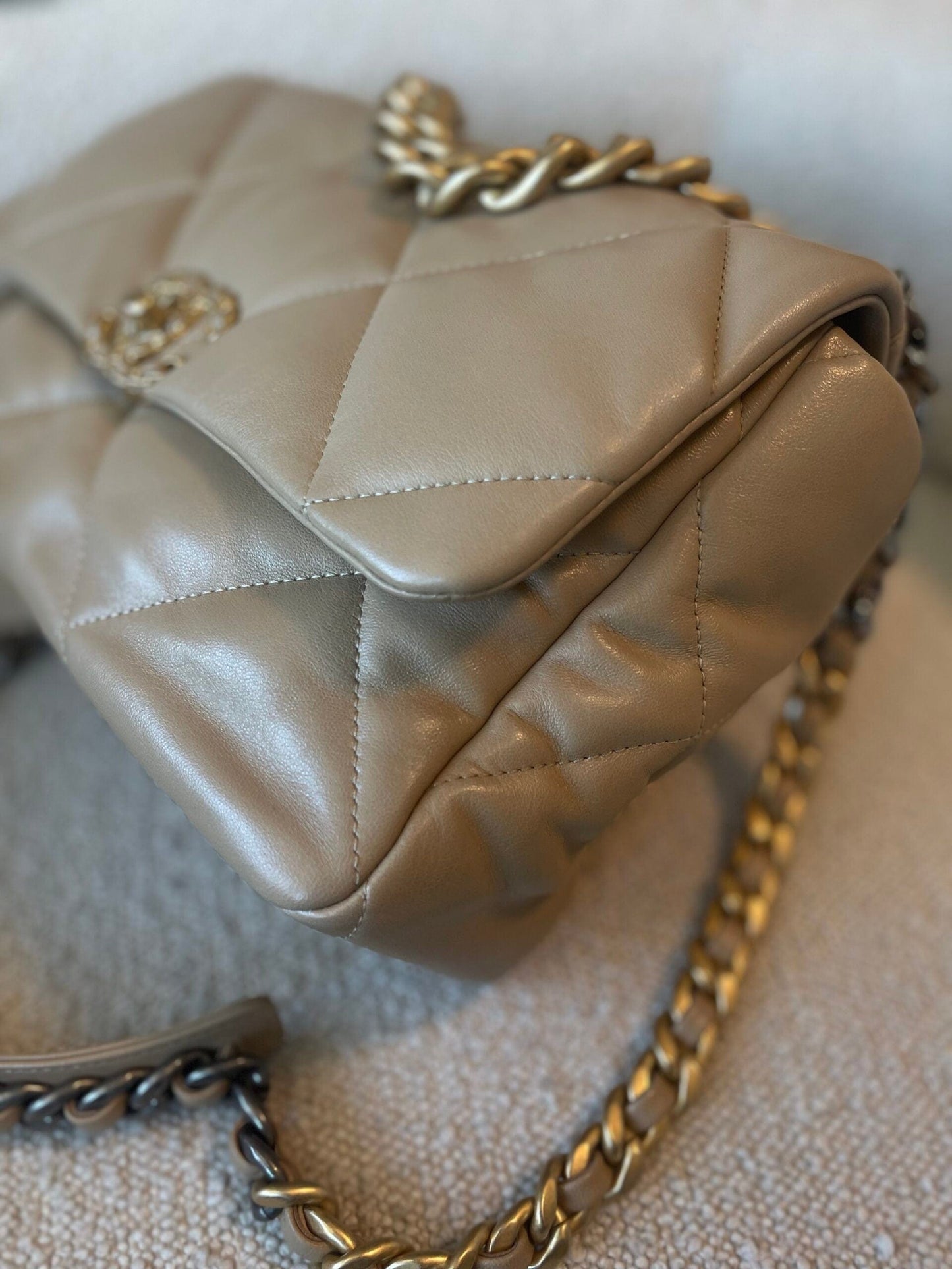 21S Large Beige/Gold Lambskin Quilted 19 Flap Mixed Hardware